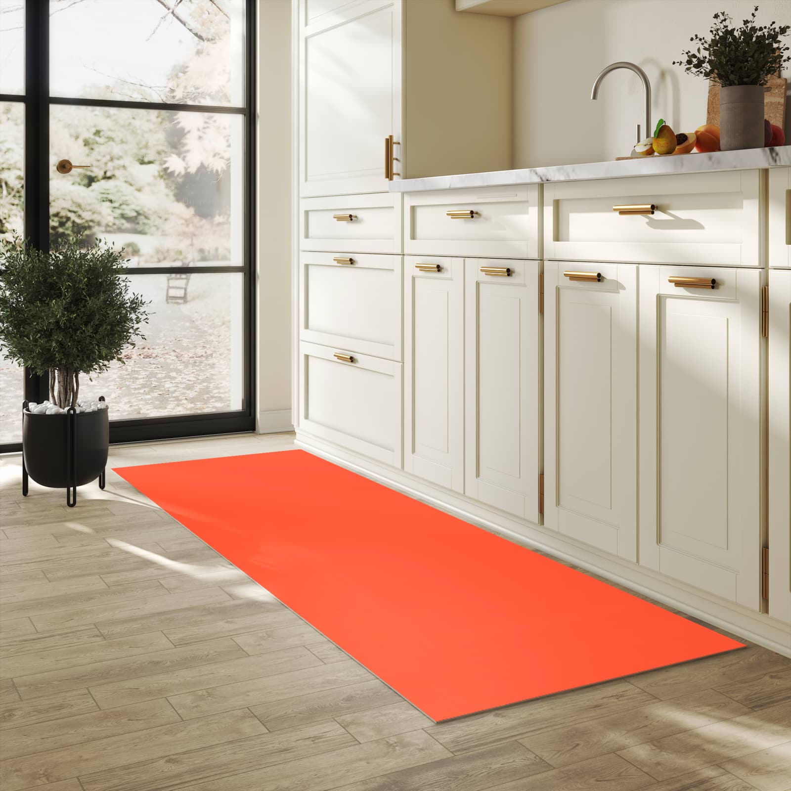 UV-beständiger Küchenläufer mit Motiv Rot-Oranger Hintergrund in heller Küche