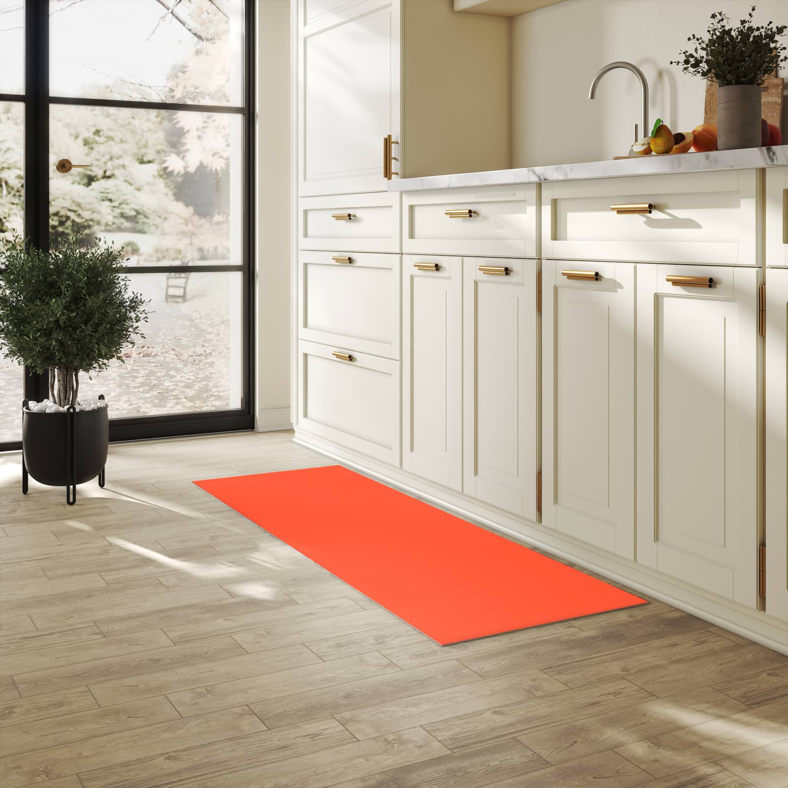 Farbbeständiger waschbarer Küchenteppich mit Motiv Rot-Oranger Hintergrund in heller Küche