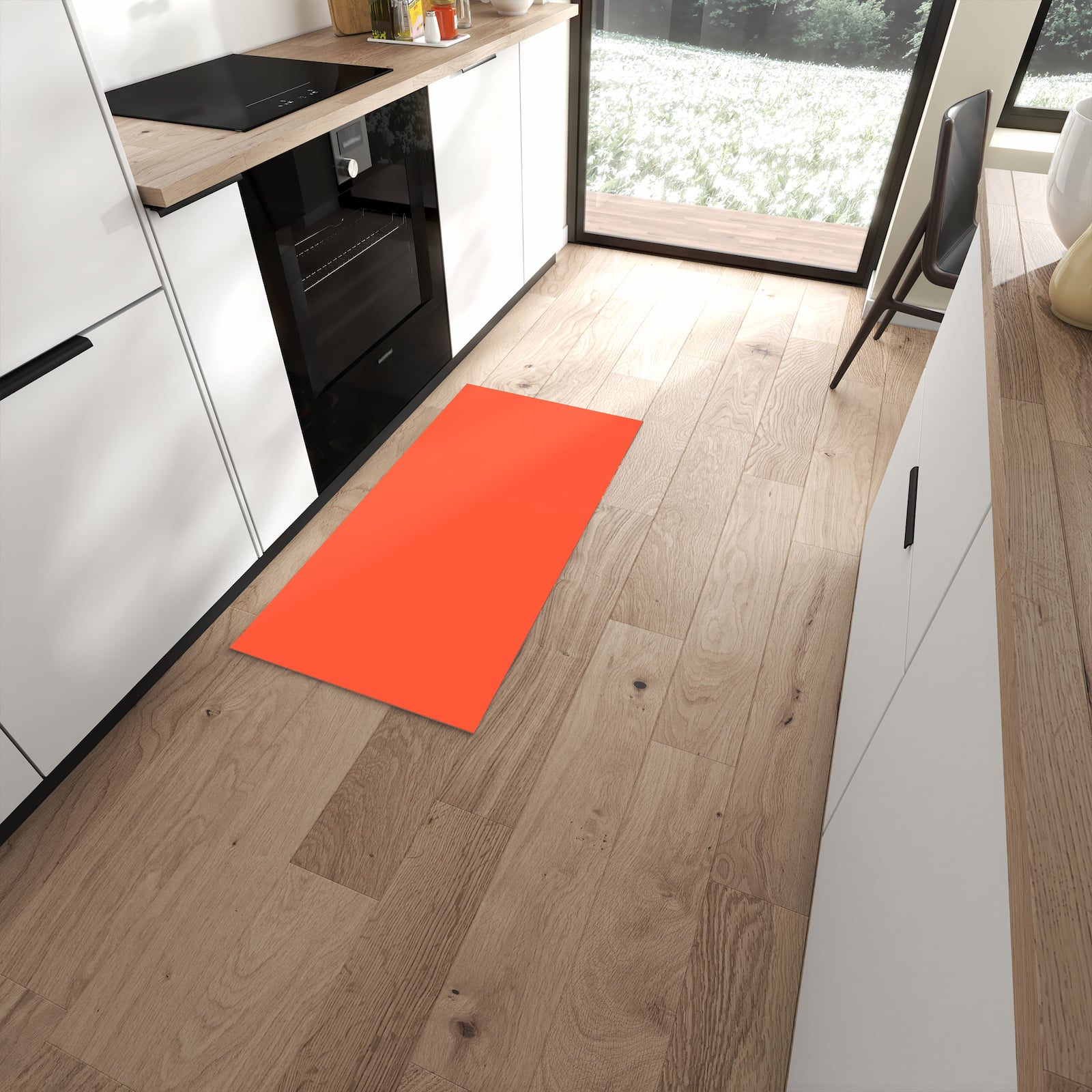 Strapazierfähiger Küchenläufer mit Motiv Rot-Oranger Hintergrund in moderner Küche #grösse_60 x 120 cm