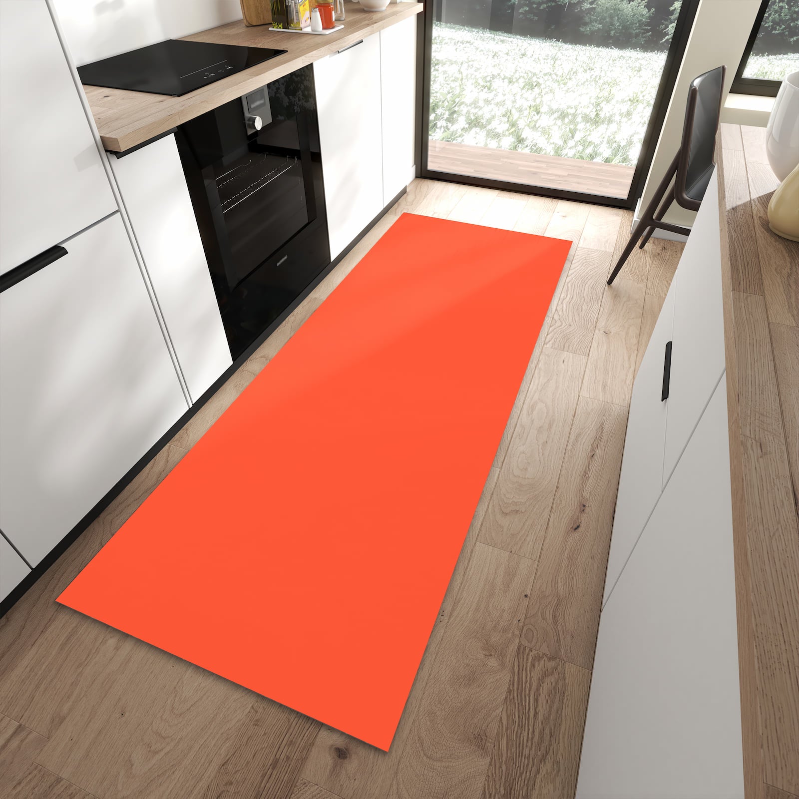 Geräuschdämpfender dünner Teppich mit Motiv Rot-Oranger Hintergrund in moderner Küche