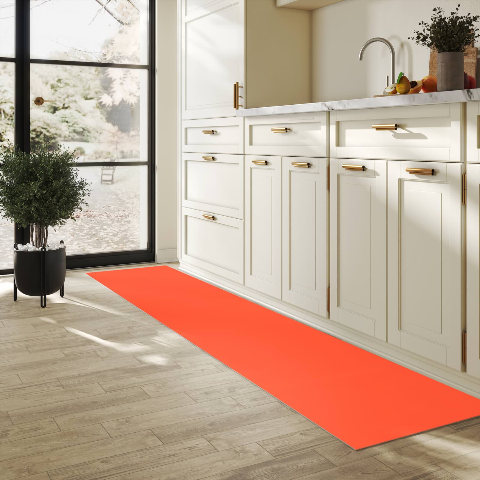 Zeitsparender waschbarer Küchenteppich mit Motiv Rot-Oranger Hintergrund in heller Küche