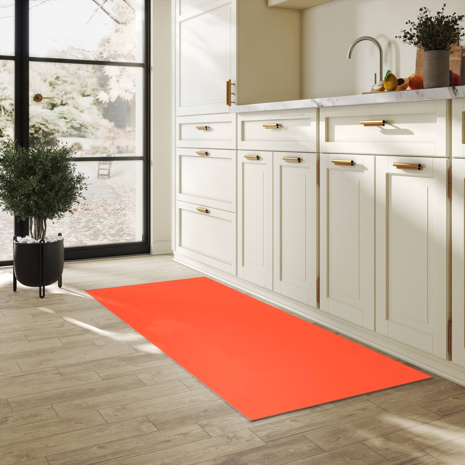 Abriebfester Küchenläufer mit Motiv Rot-Oranger Hintergrund in heller Küche