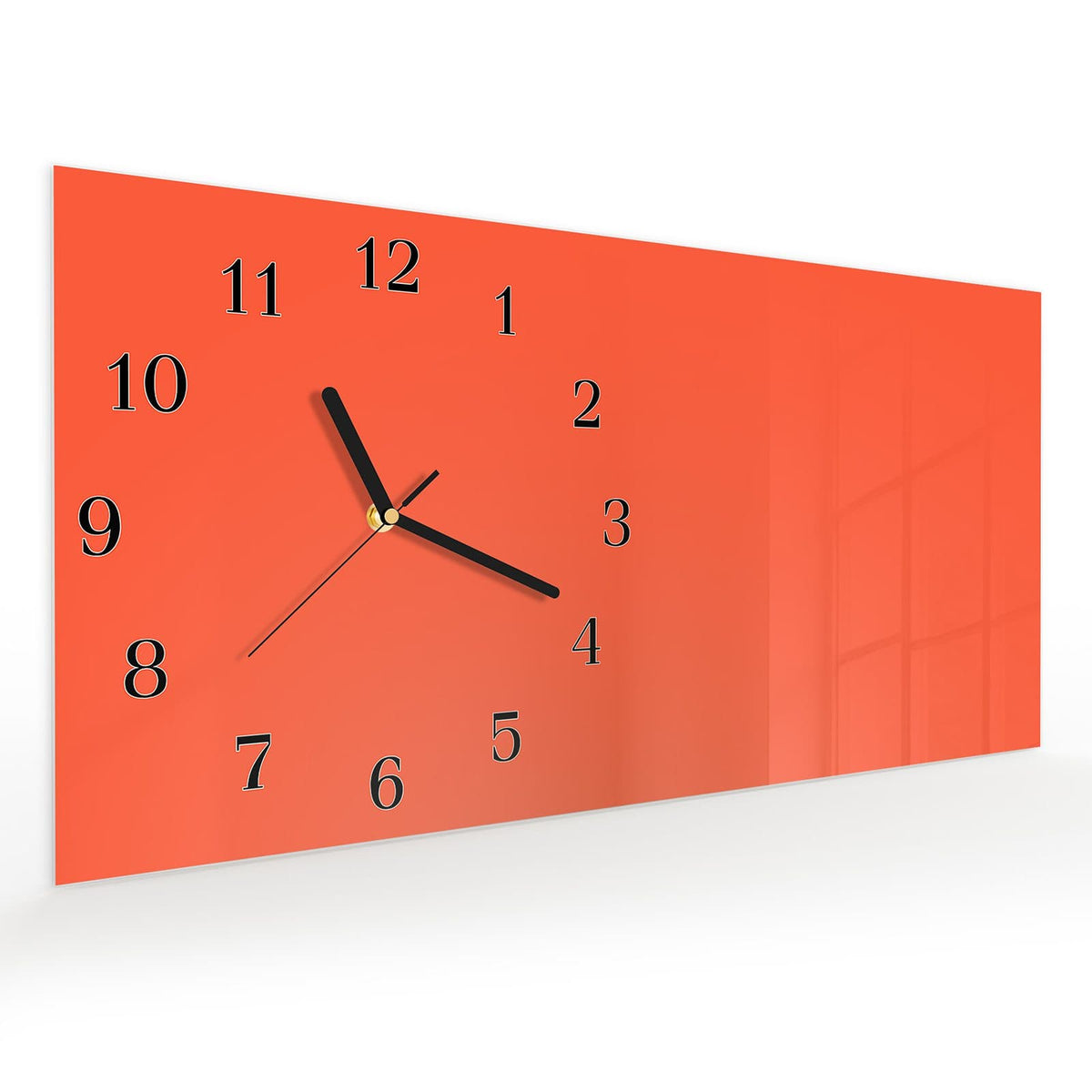 Vormontiert – mit Schwebeeffekt – Wanduhr Rot-Oranger Hintergrund aus Glas – Querformat 60 × 30 cm