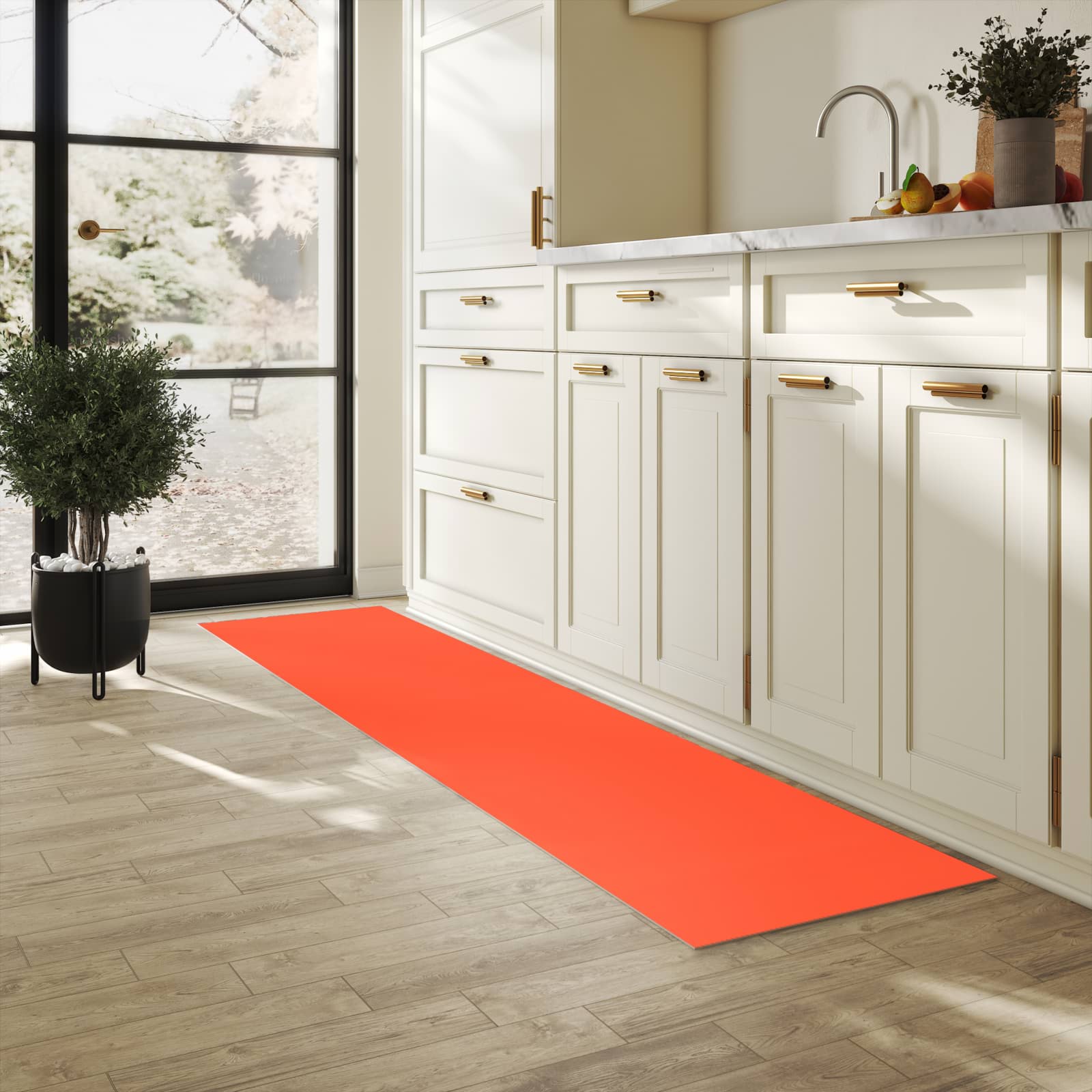 Rutschfester Küchenteppich mit Motiv Rot-Oranger Hintergrund in heller Küche für sicheren Stand