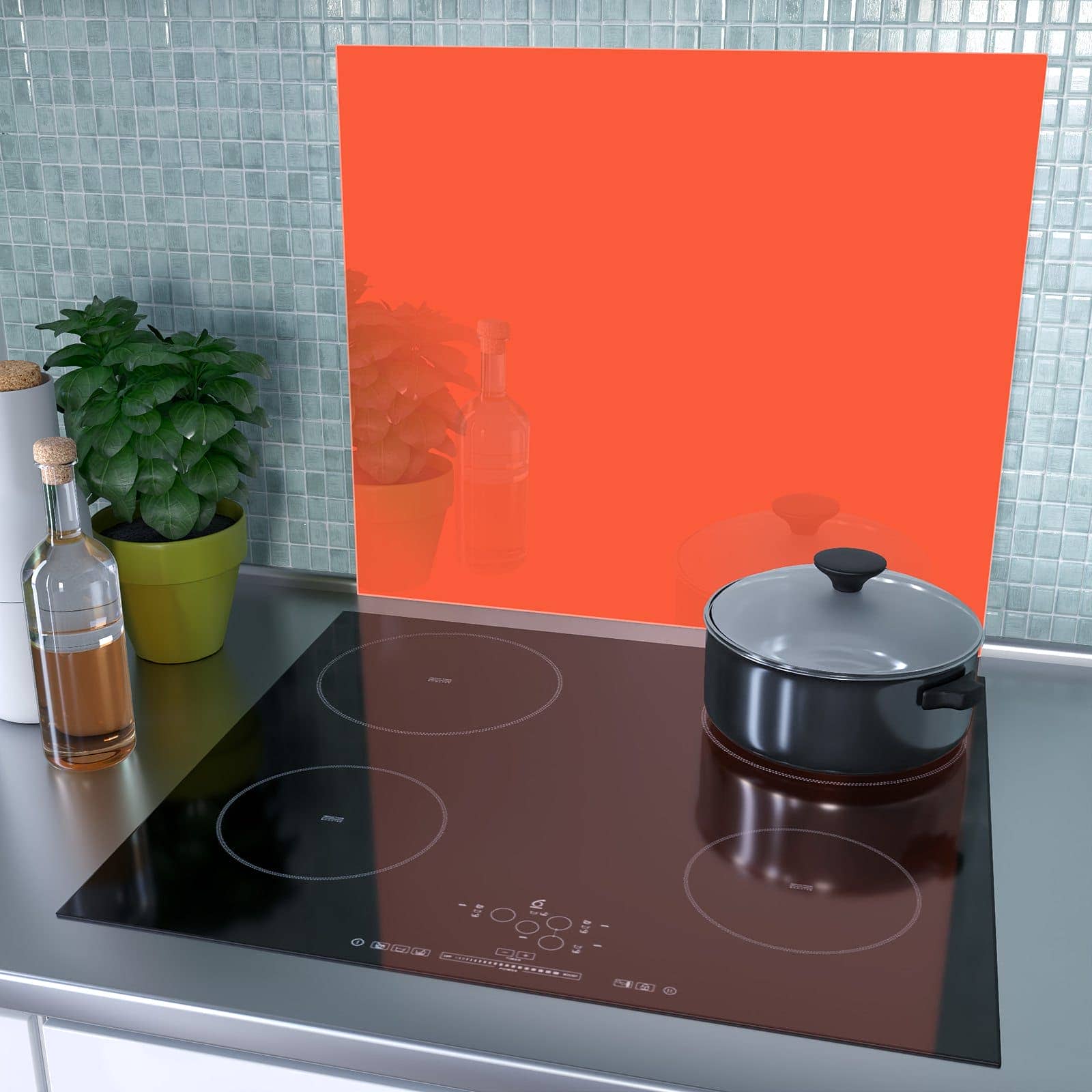 1-teilige Herdabdeckplatte mit Rot-Oranger Hintergrund-Motiv als Spritzschutz hinter dem Kochfeld