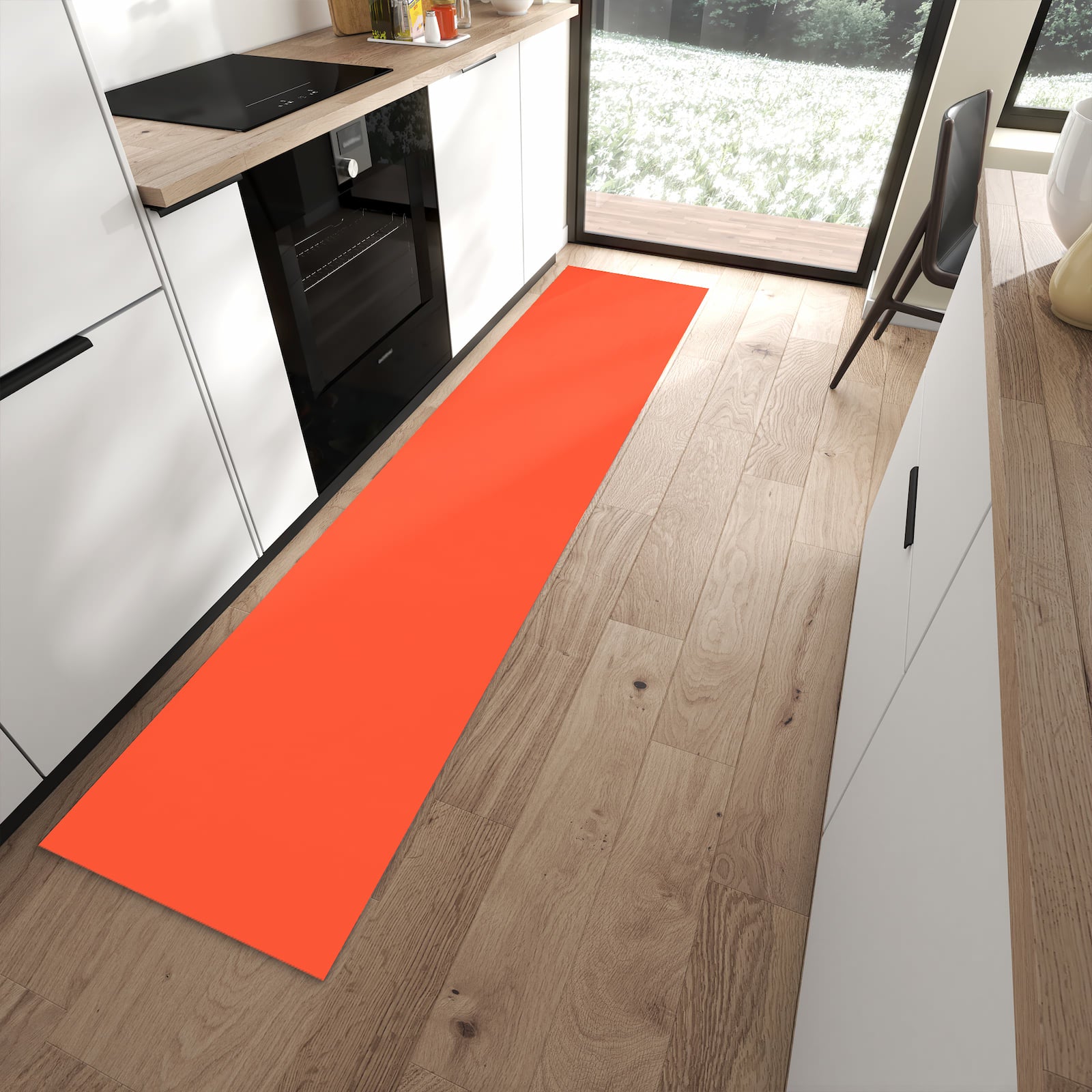 Feuchtigkeitsresistenter Küchenläufer mit Motiv Rot-Oranger Hintergrund in moderner Küche
