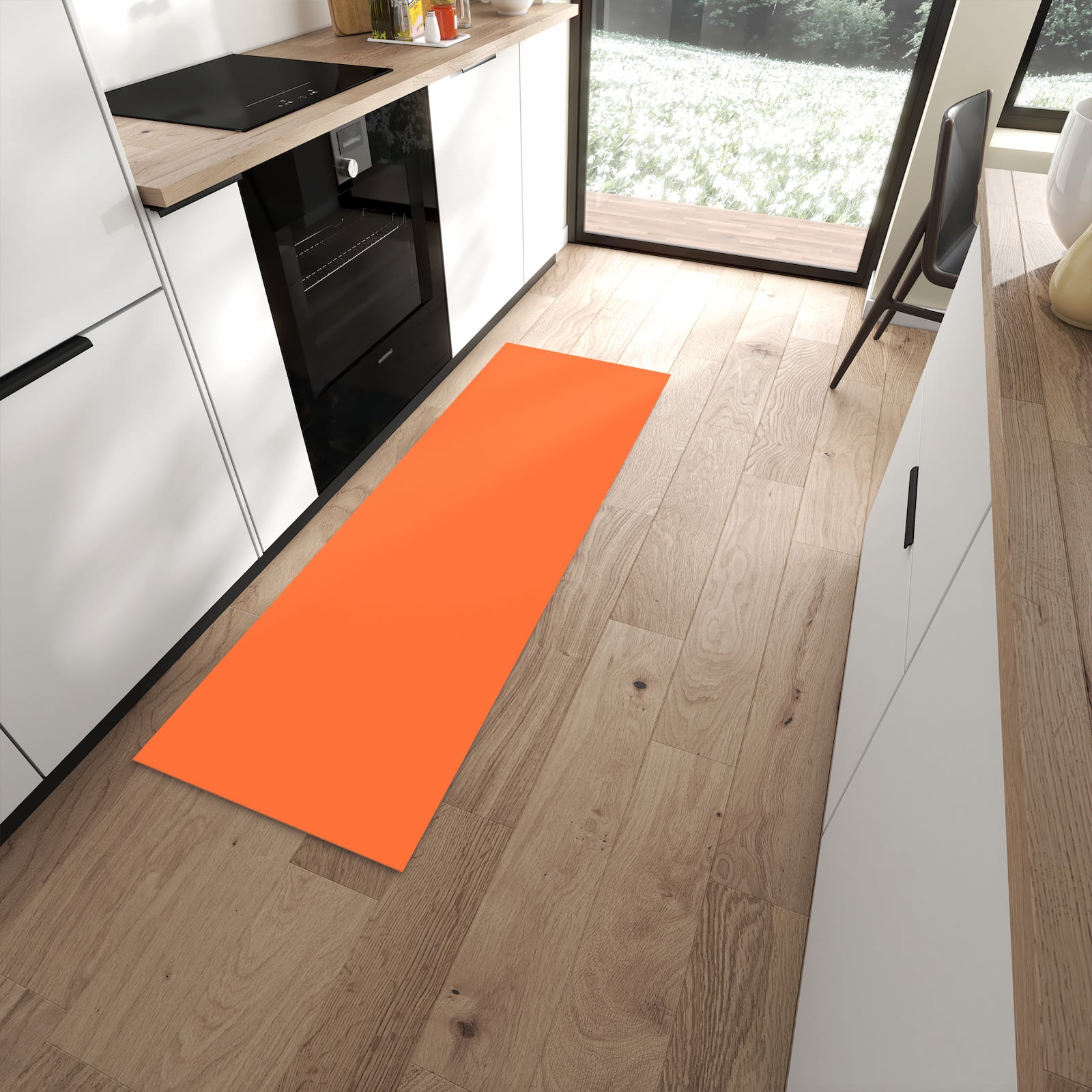 Fleckenresistenter abwaschbarer Küchenteppich mit Motiv Dunkeloranger Hintergrund I in moderner Küche