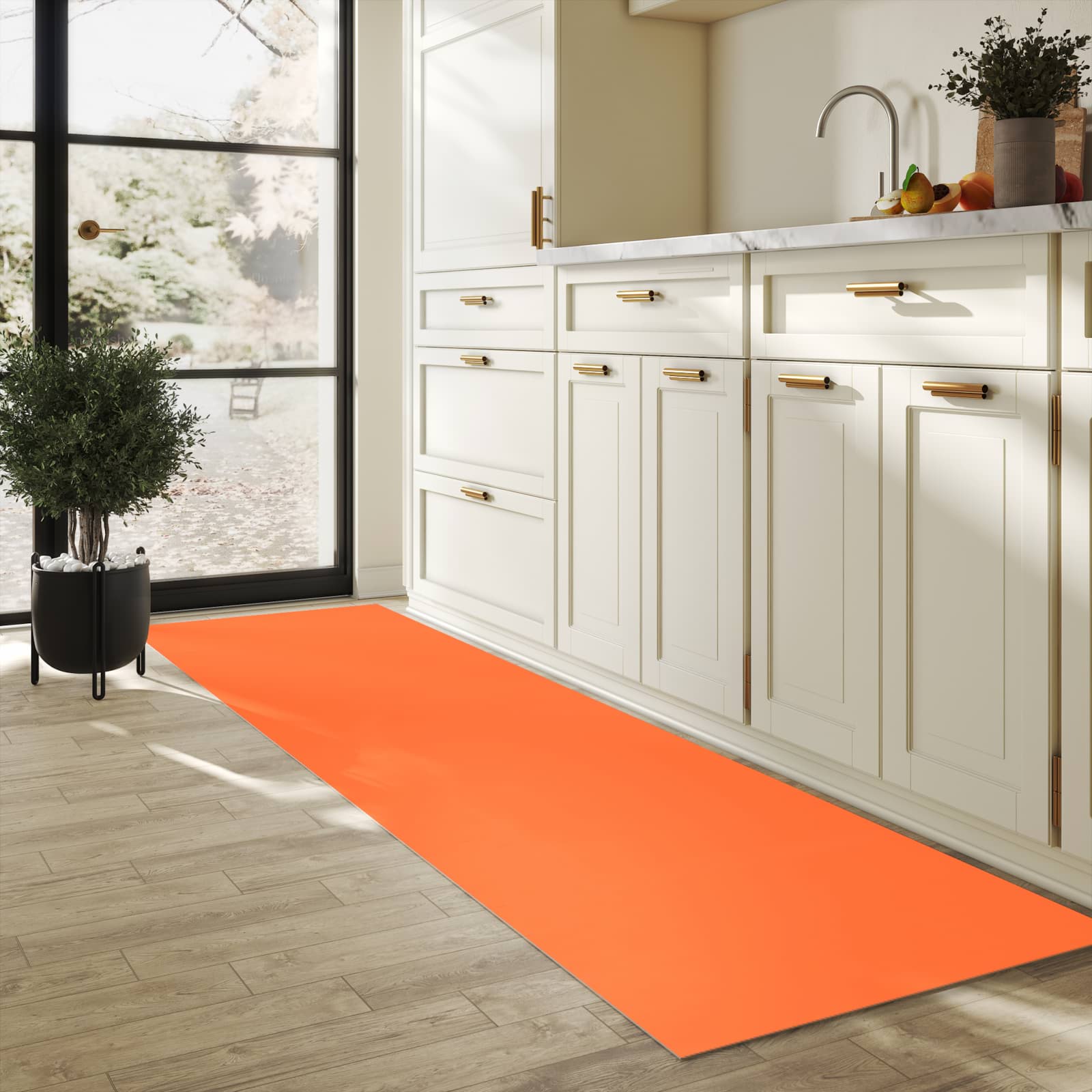 Rutschfester Küchenteppich mit Motiv Dunkeloranger Hintergrund I in heller Küche