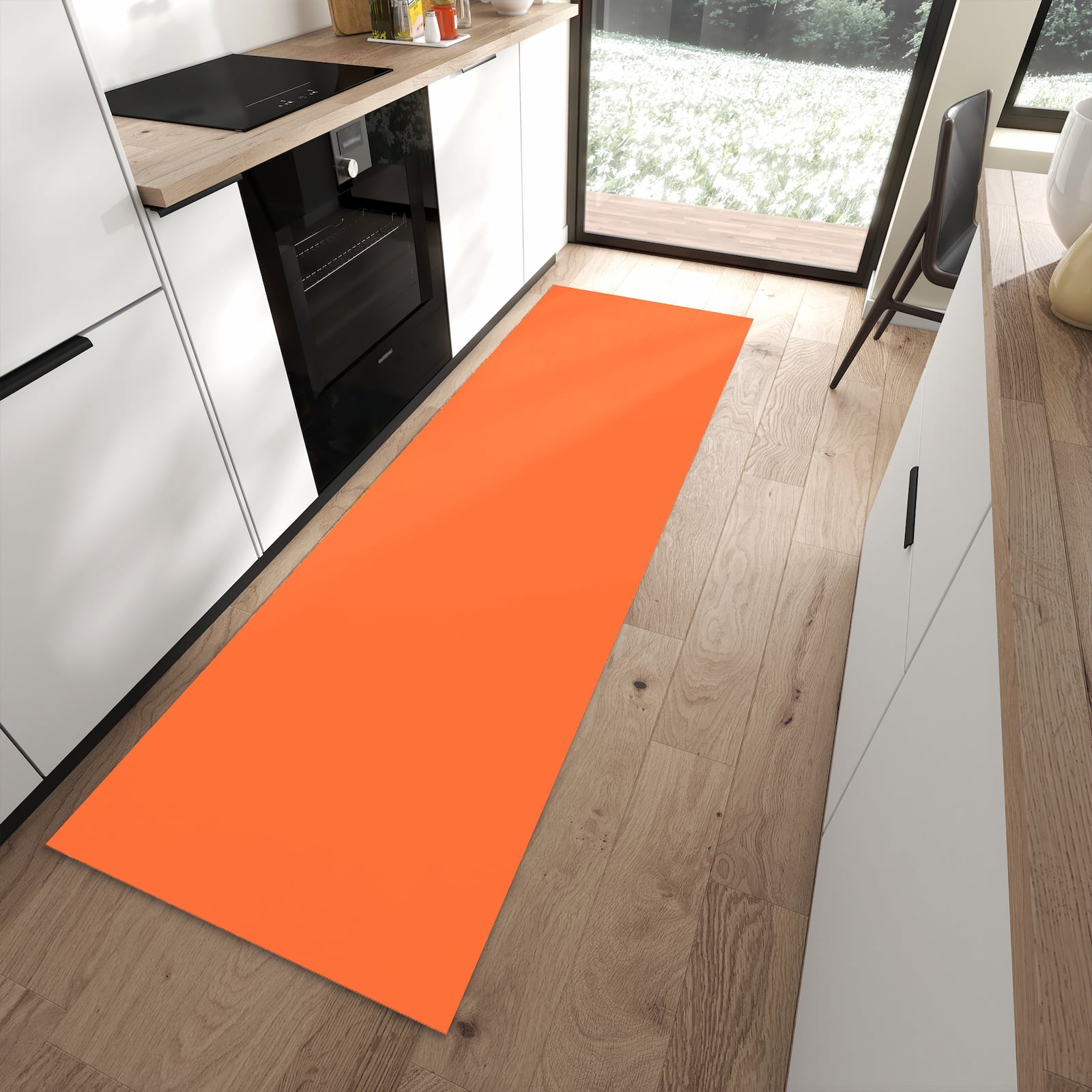 Komfortabler Küchenteppich mit Motiv Dunkeloranger Hintergrund I in moderner Küche