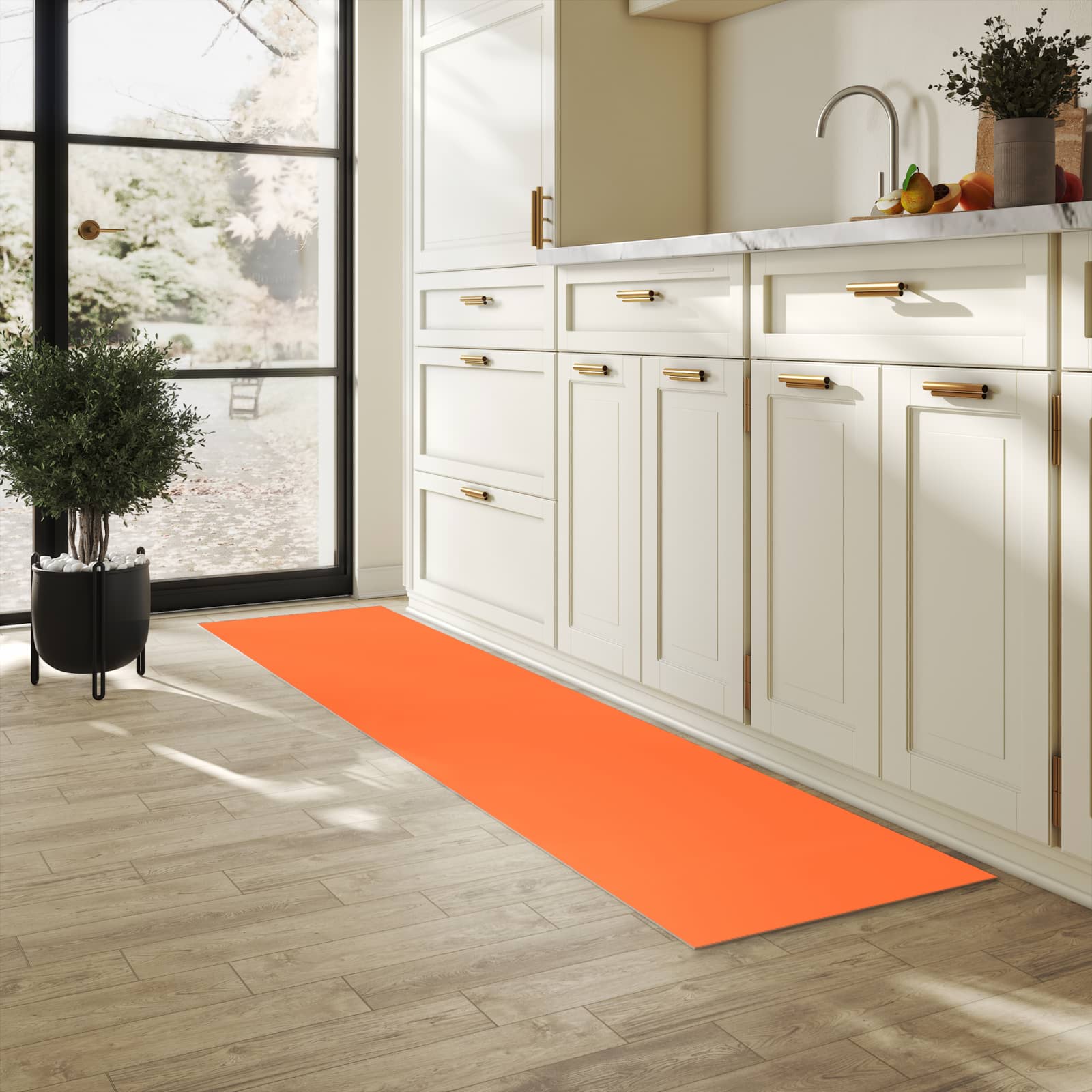 Waschbarer Teppich fürs Esszimmer mit Motiv Dunkeloranger Hintergrund I in heller Küche