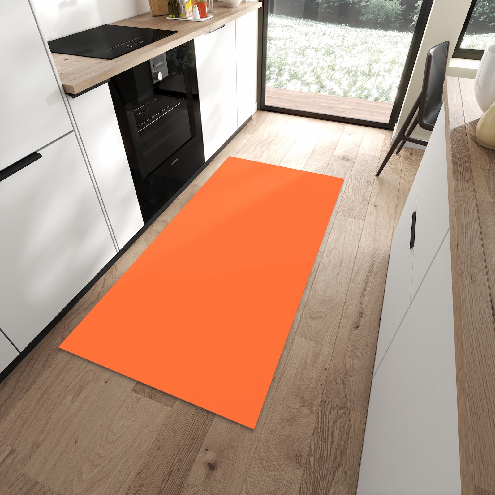 Küchenläufer mit Motiv Dunkeloranger Hintergrund I für angenehme Haptik in moderner Küche