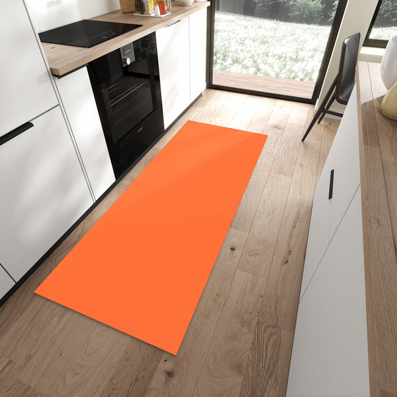 Pflegeleichter Teppich für die Küche mit Motiv Dunkeloranger Hintergrund I in moderner Küche