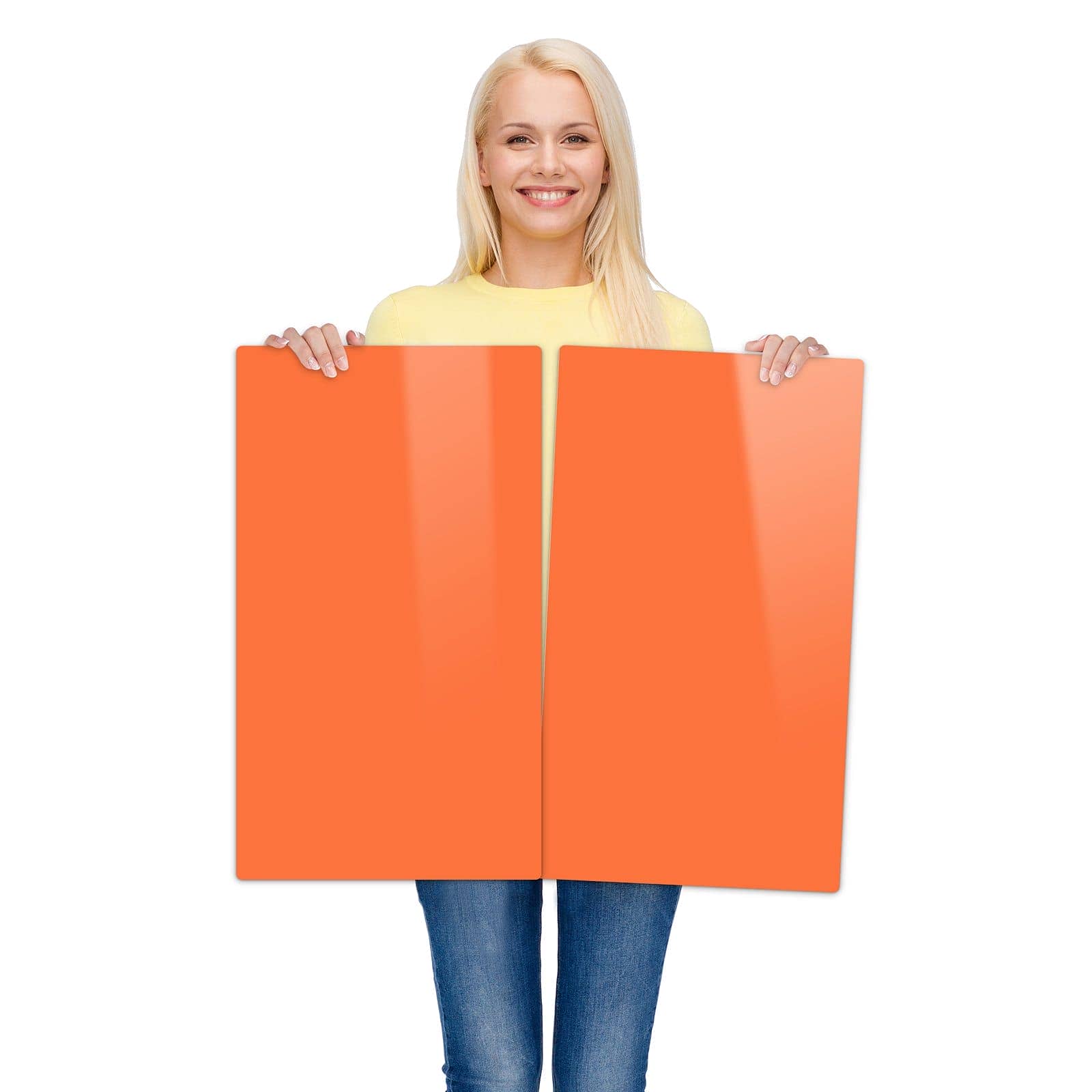 2-teilige Glasplatte für Herd mit Dunkeloranger Hintergrund I-Motiv wird zur Größendarstellung gehalten