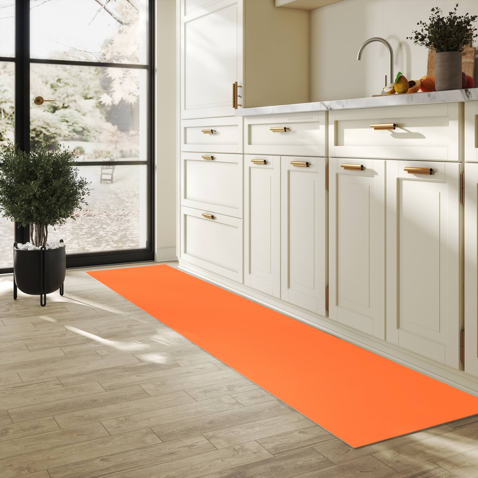 Abriebfester waschbarer Teppich Küche mit Motiv Dunkeloranger Hintergrund II in heller Küche