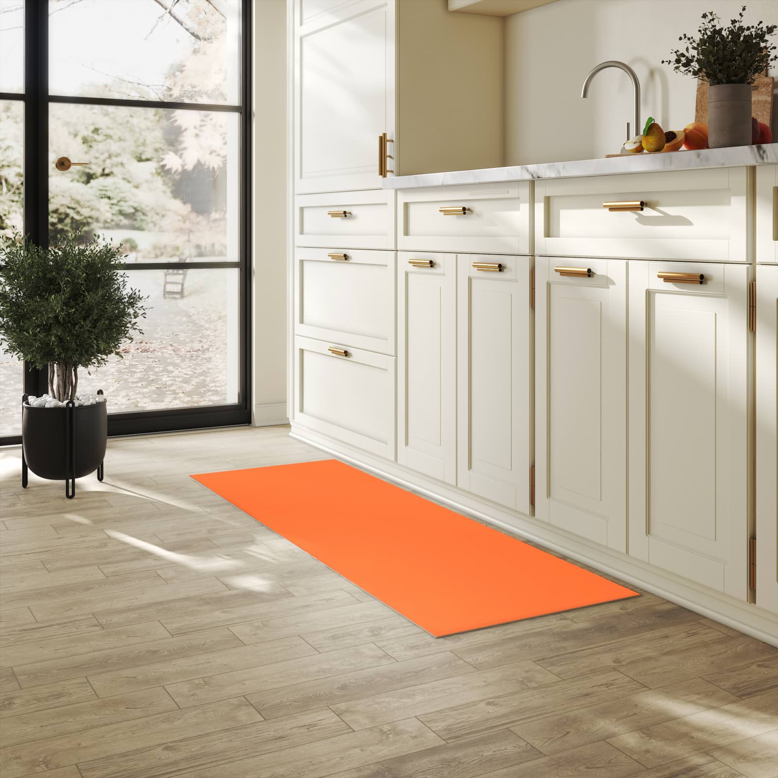 Küchenteppich mit Motiv Dunkeloranger Hintergrund II in heller Küche für sicheres Aufbewahren