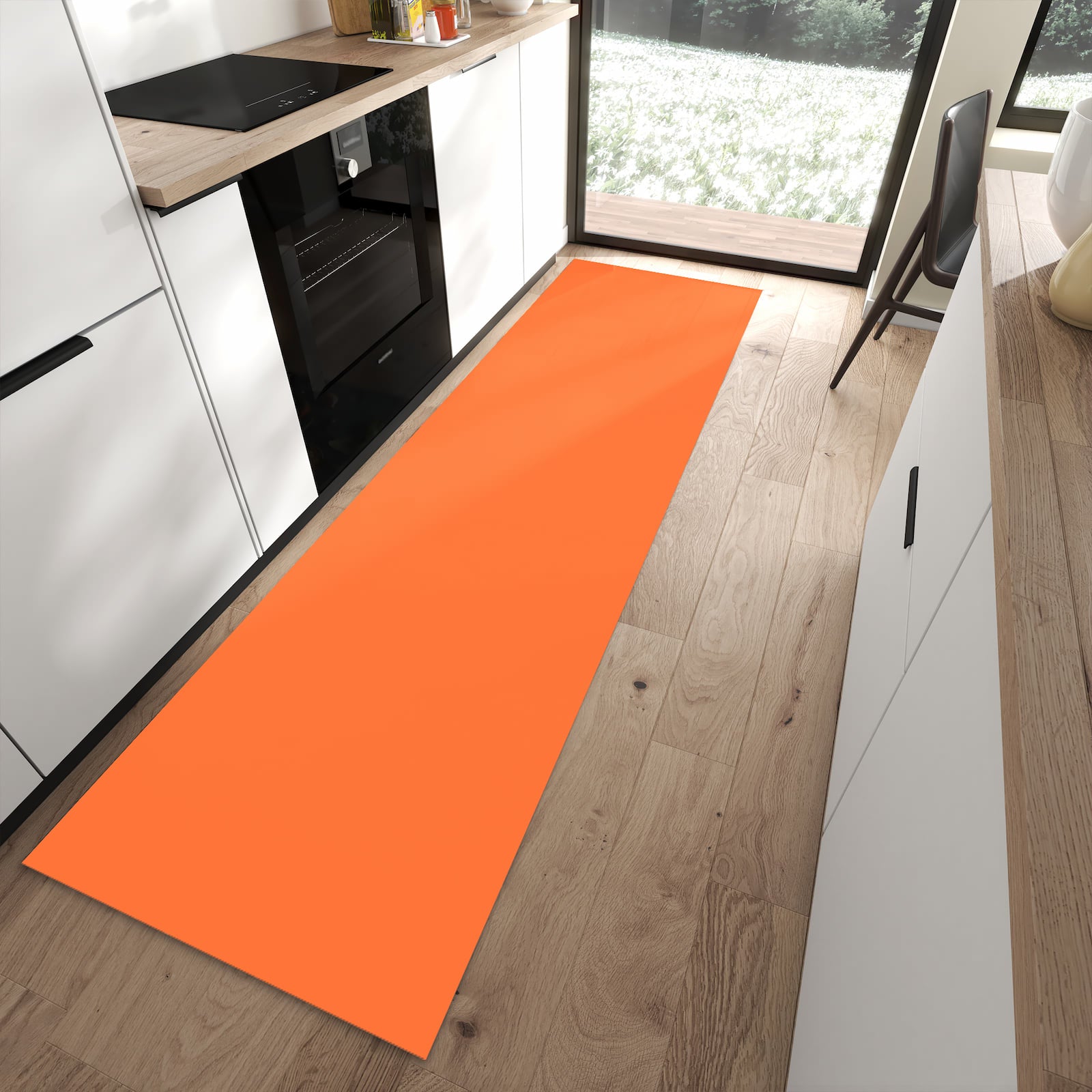 Zeitsparender rutschfester Küchenläufer mit Motiv Dunkeloranger Hintergrund II in moderner Küche