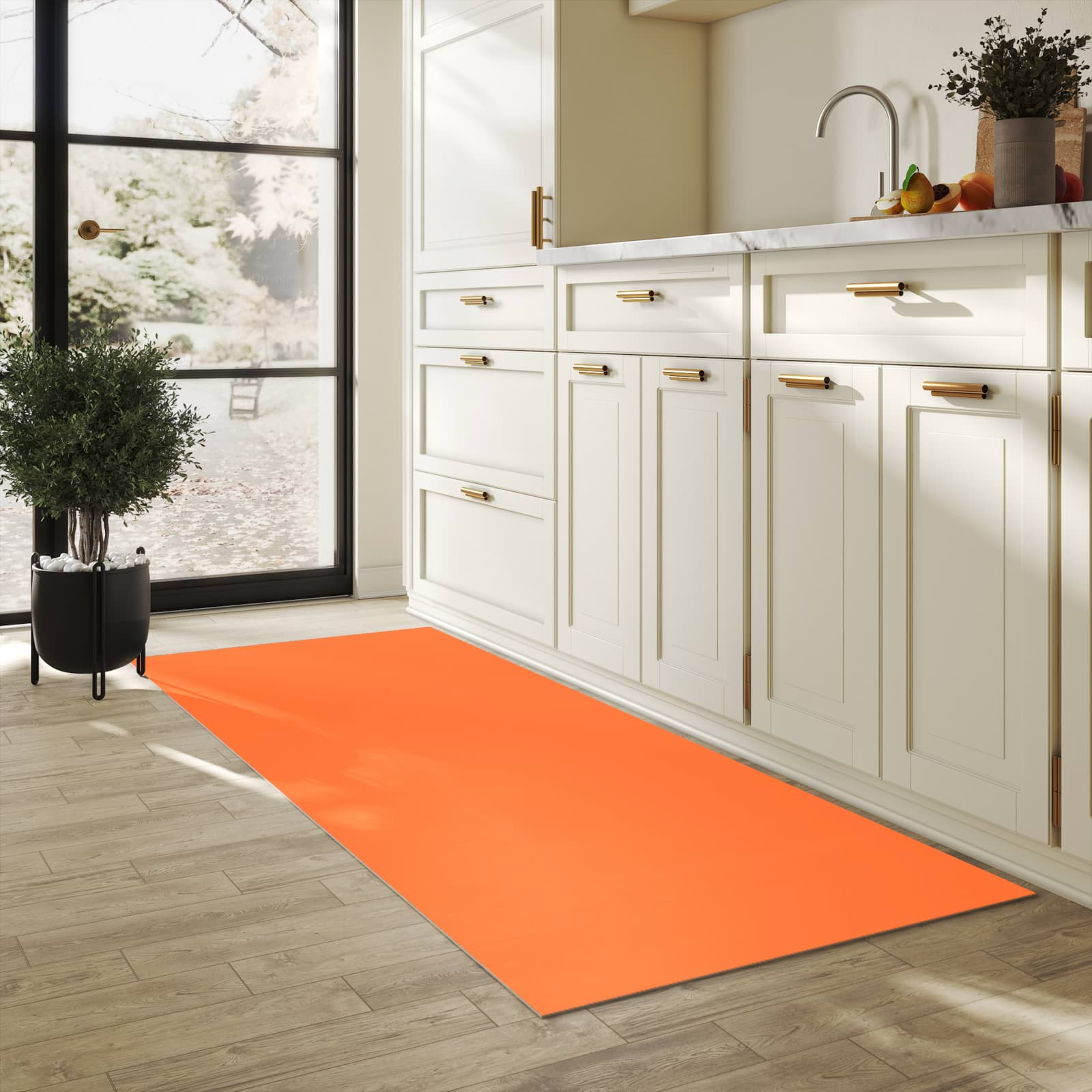 Langlebiger Läufer mit Motiv Dunkeloranger Hintergrund II für Eingangsbereich in heller Küche