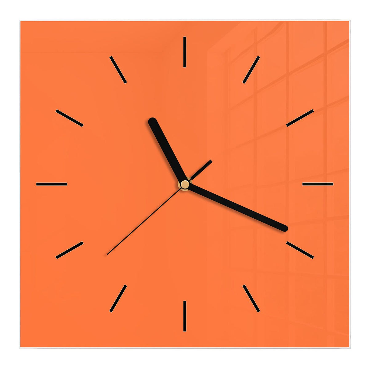 Wanduhr aus Glas, Ziffernblatt Linie mit Motiv Korallenorange: Vollflächiges helles Orange