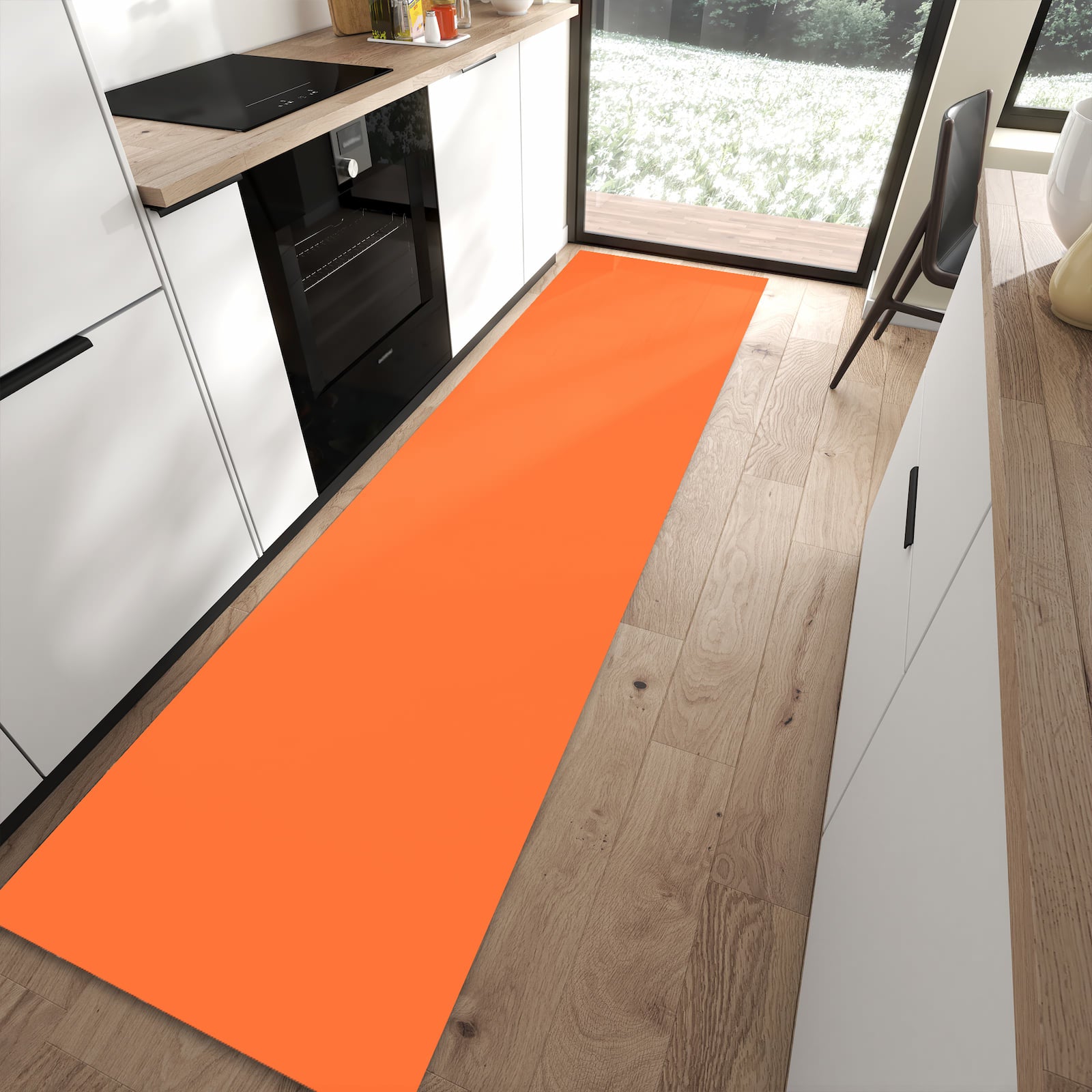 Geräuschdämpfender Küchenläufer mit Motiv Dunkeloranger Hintergrund II in moderner Küche