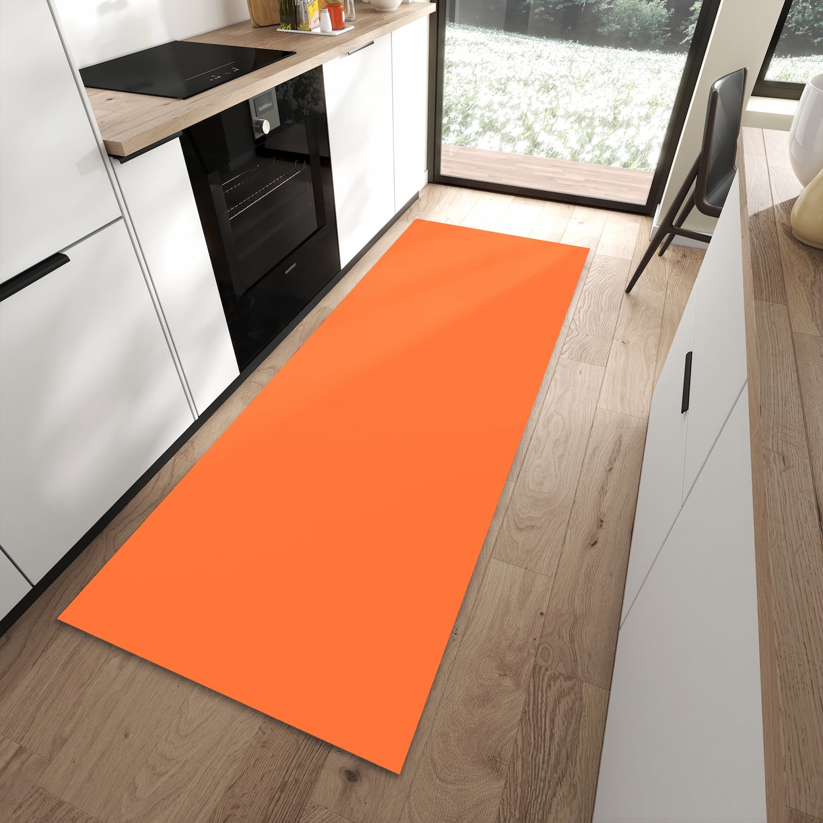 UV-beständiger Küchenläufer mit Motiv Dunkeloranger Hintergrund II in moderner Küche - waschbar