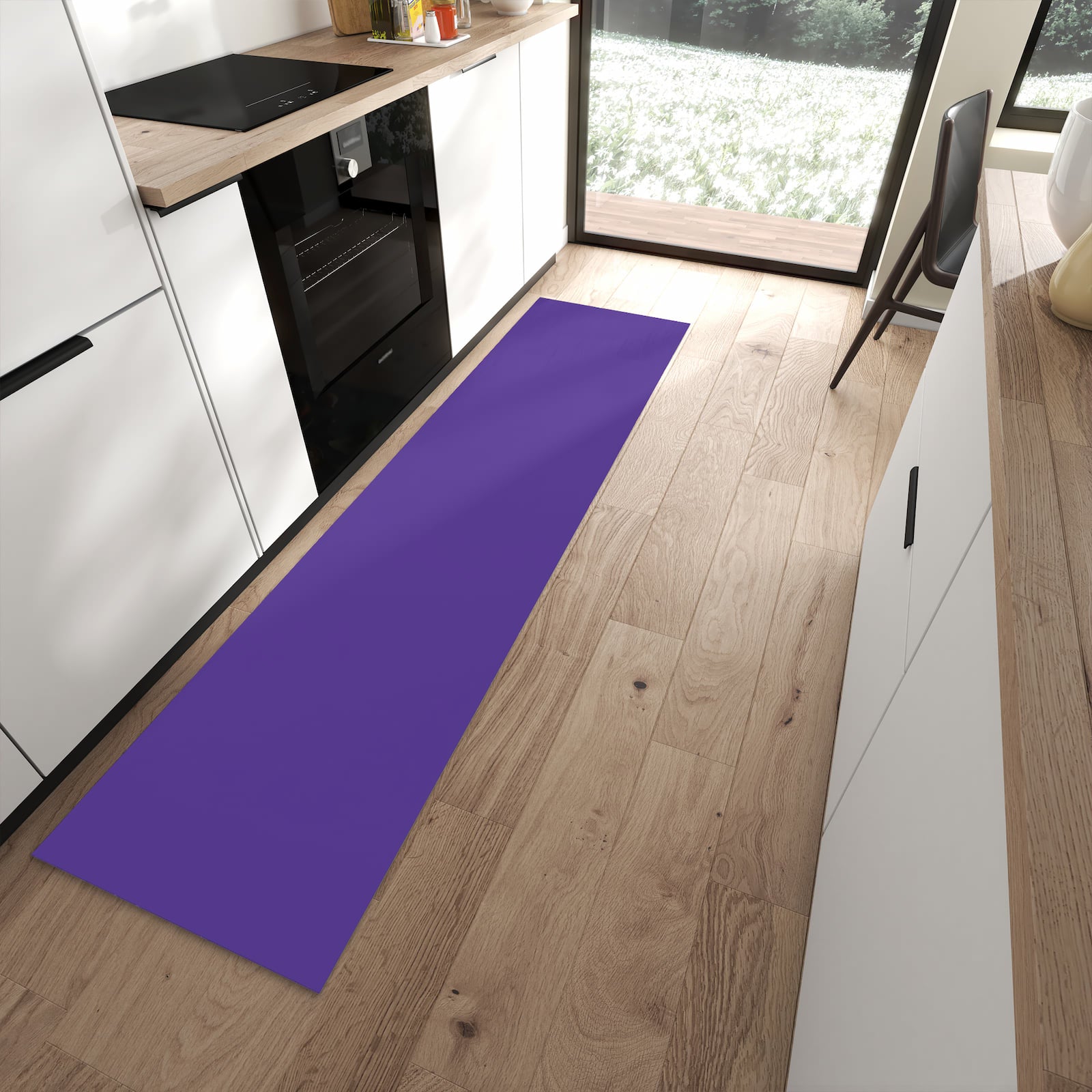 Langlebiger Bodenläufer mit Motiv Lila Hintergrund I in moderner Küche