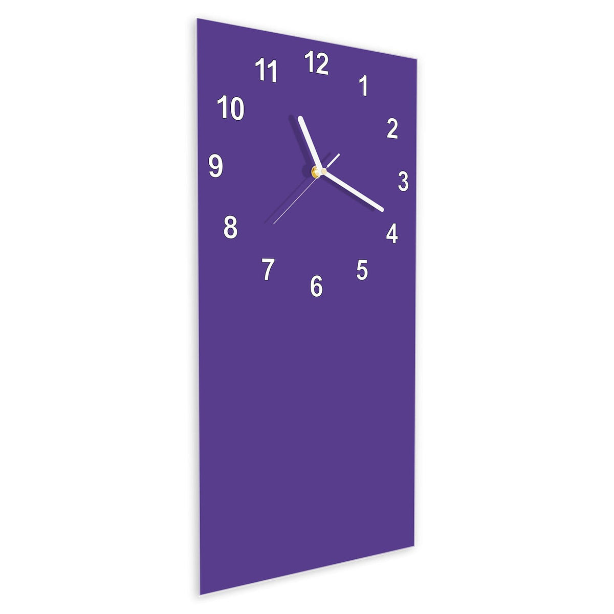 Wanduhr aus Glas im Hochformat Amethyst schräg von der Seite, 4 mm starkes Glas