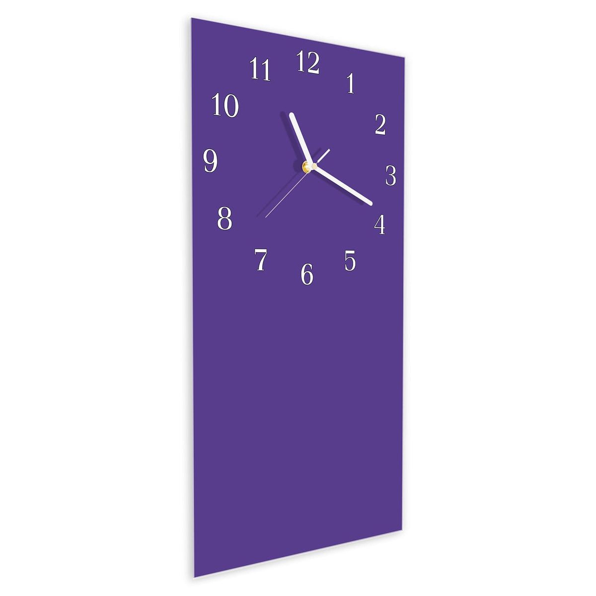 Wanduhr aus Glas im Hochformat Amethyst schräg von der Seite, 4 mm starkes Glas