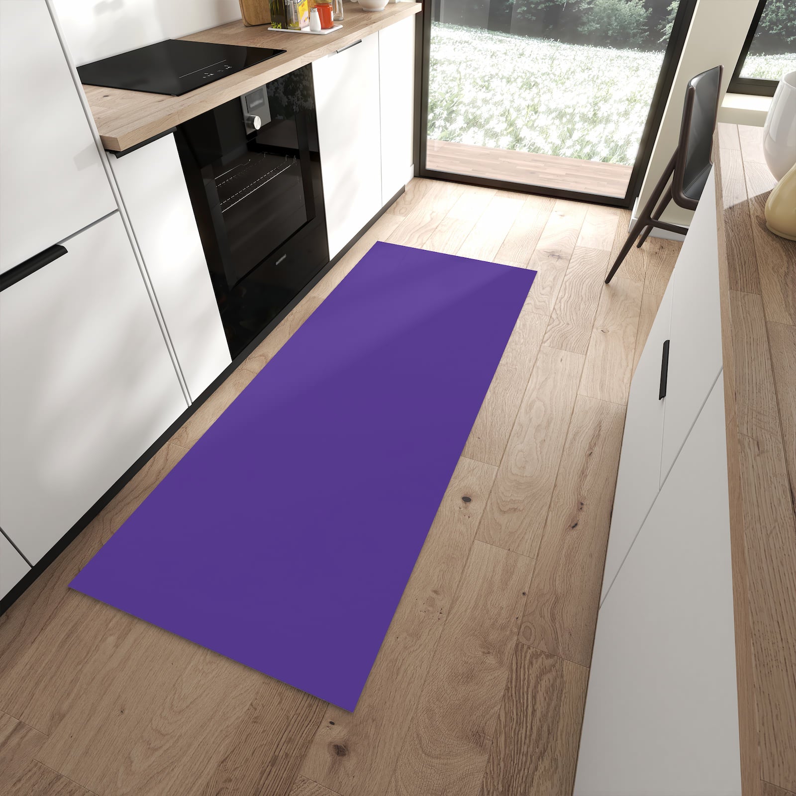 Rutschfester Küchenläufer mit Motiv Lila Hintergrund I in moderner Küche