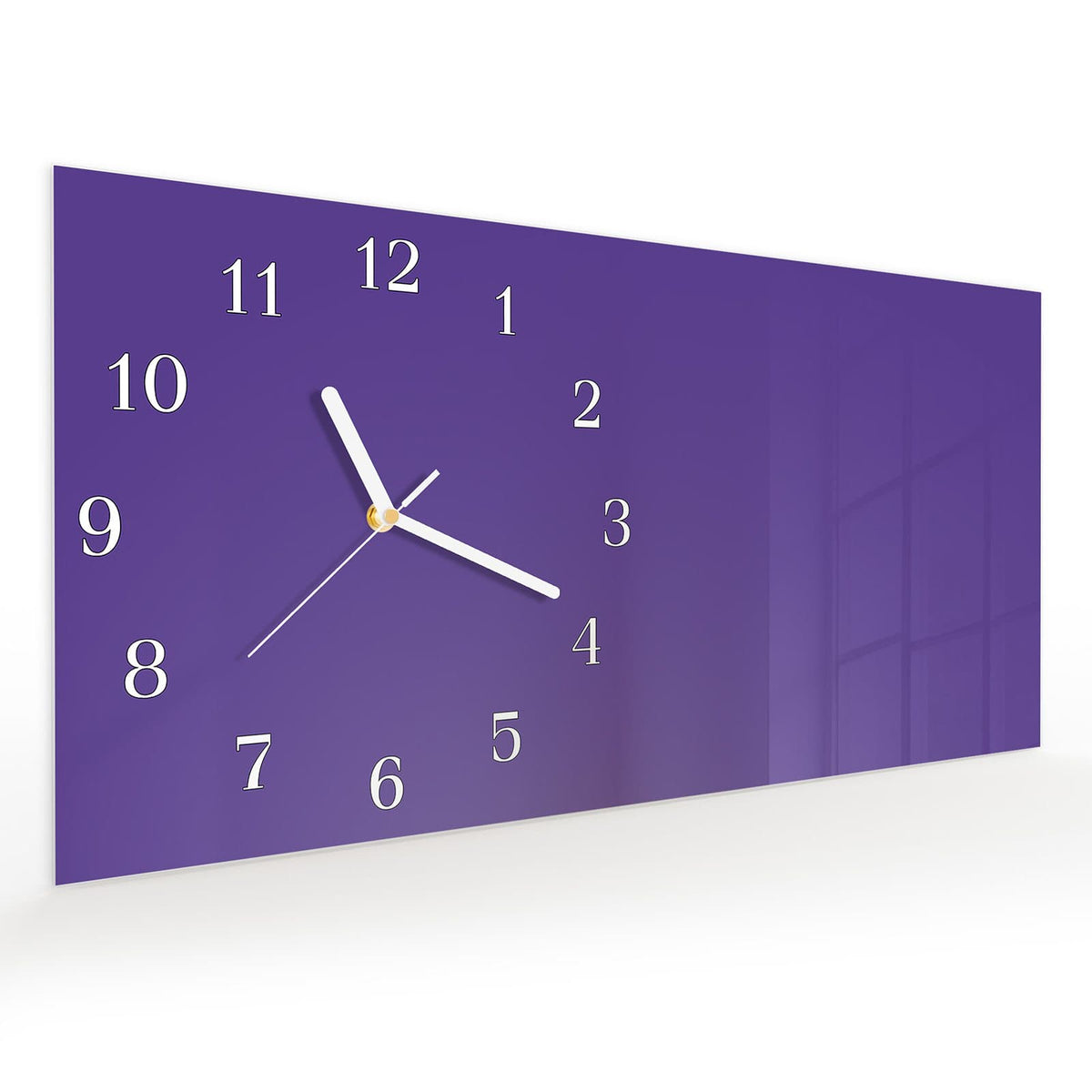 Vormontiert – mit Schwebeeffekt – Wanduhr Lila Hintergrund I aus Glas – Querformat 60 × 30 cm