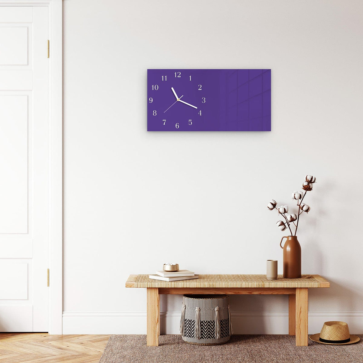 Moderne Wanduhr aus Glas mit Farbtiefe – Wanduhr Lila Hintergrund I aus Glas – Querformat 60 × 30 cm