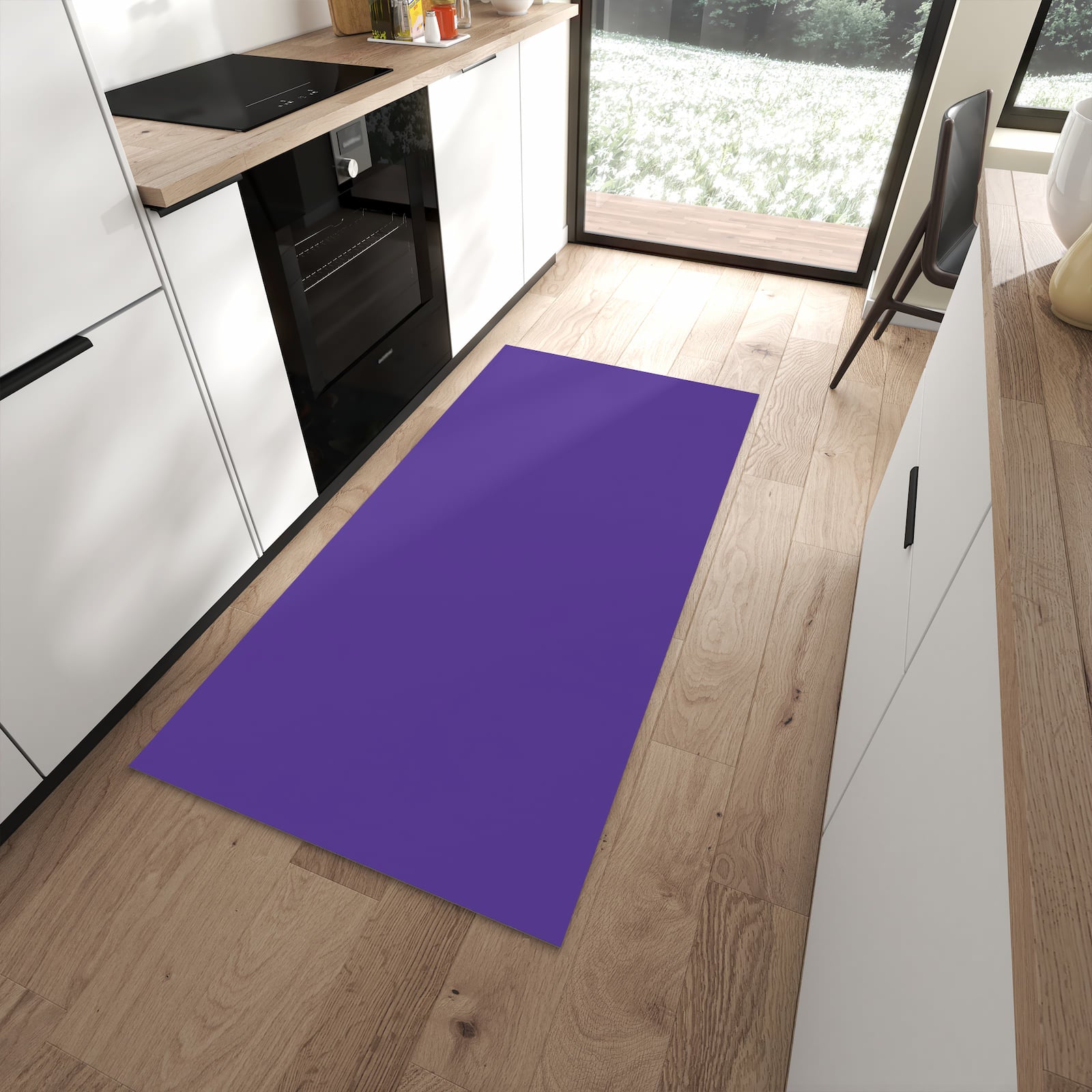 Strapazierfähiger waschbarer Küchenteppich mit Motiv Lila Hintergrund I in moderner Küche
