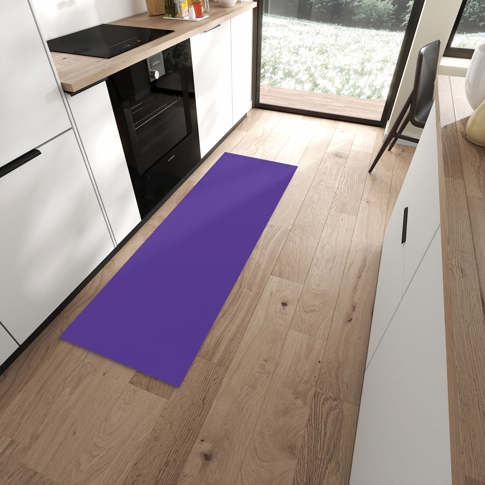Geruchsneutraler rutschfester Küchenteppich mit Motiv Lila Hintergrund I in moderner Küche