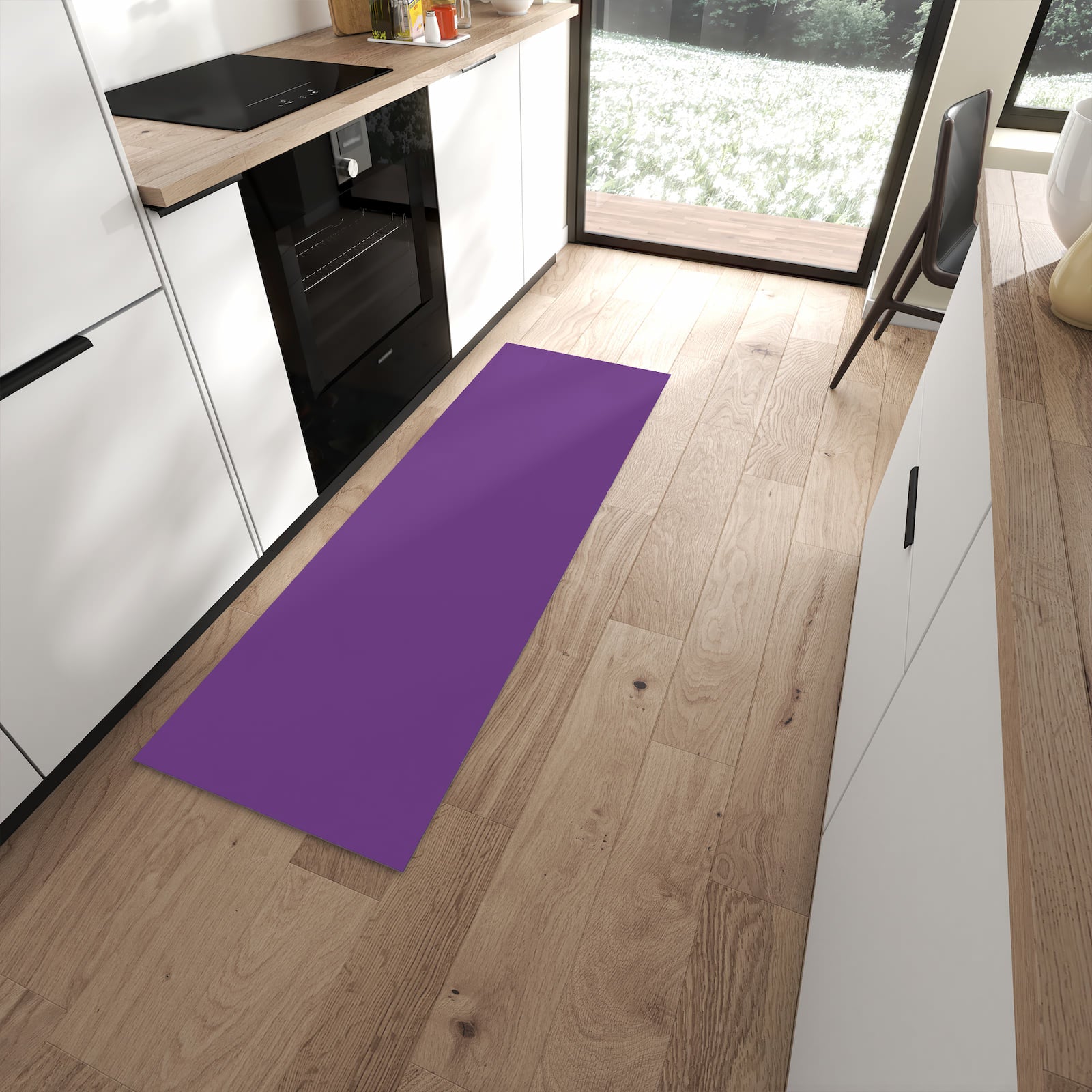 Ordnungsschaffender Küchenläufer mit Motiv Lila Hintergrund II in moderner Küche