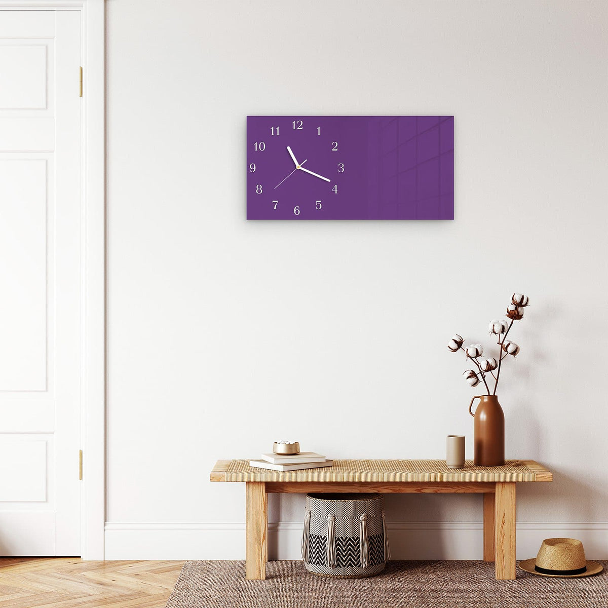 Moderne Wanduhr aus Glas mit Farbtiefe – Wanduhr Lila Hintergrund II aus Glas – Querformat 60 × 30 cm