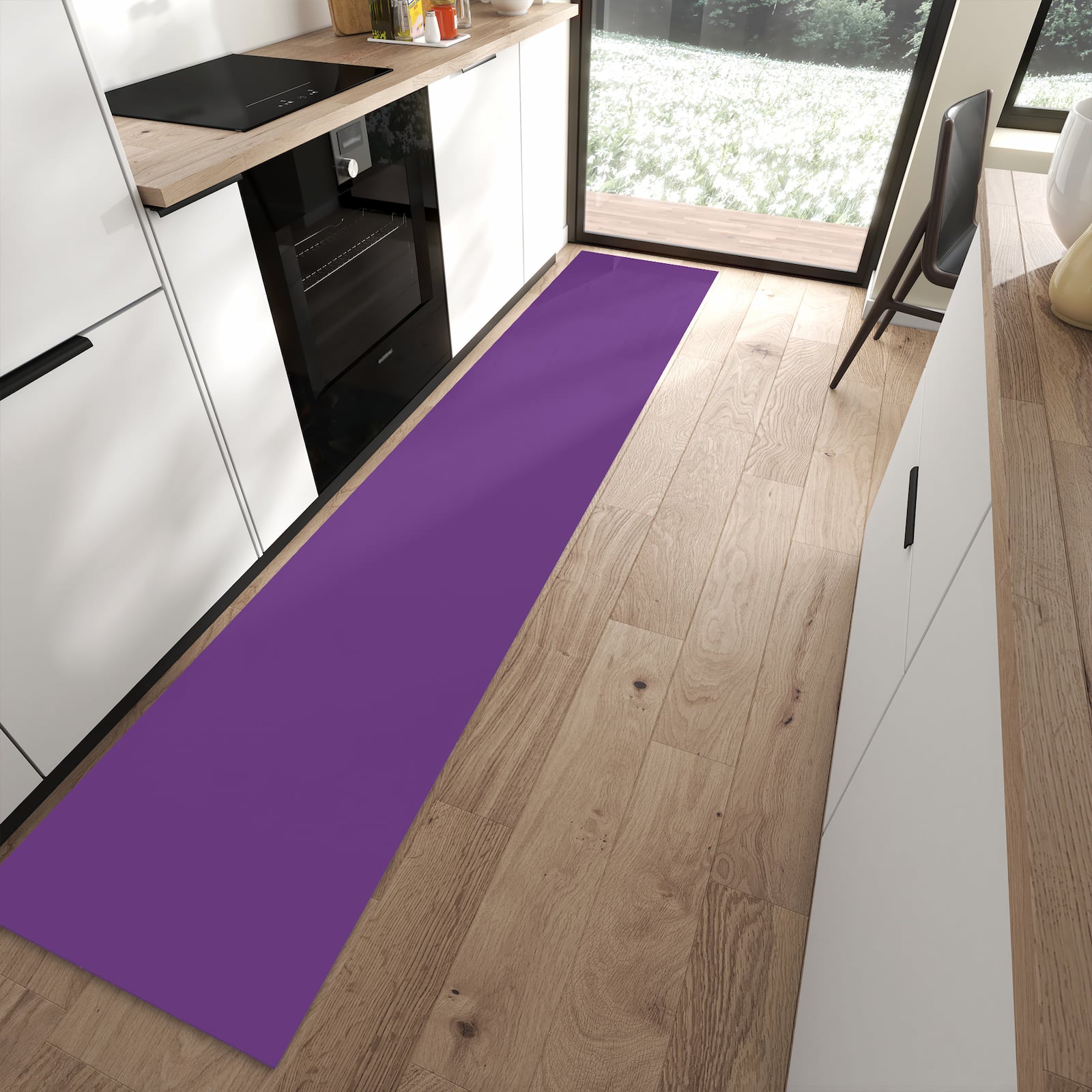 Formstabiler waschbarer Läufer für die Küche mit Motiv Lila Hintergrund II in moderner Küche