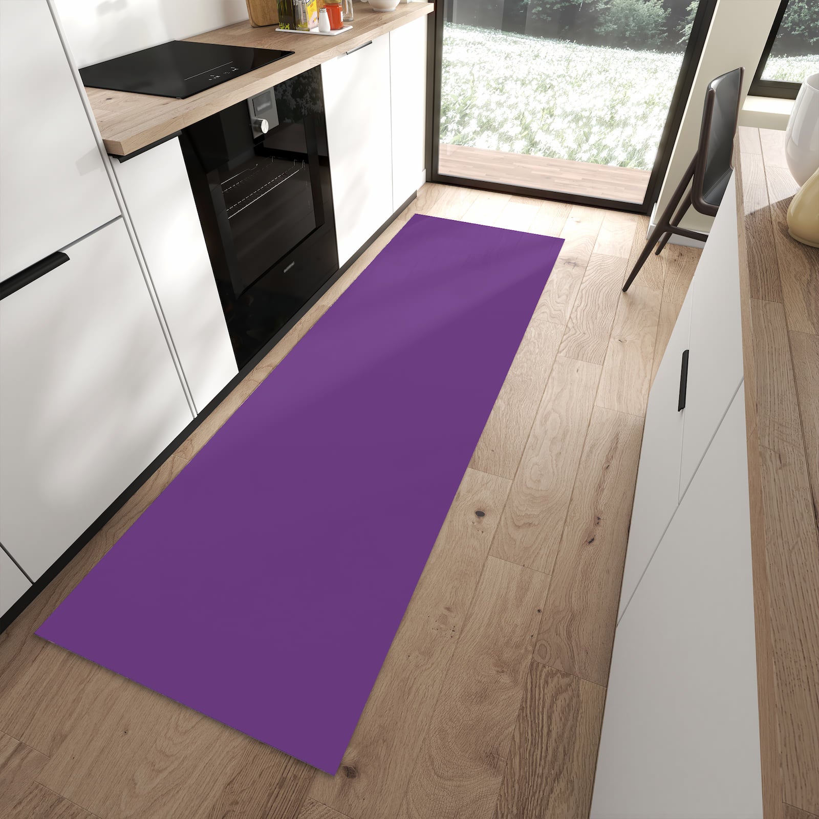 Geräuschdämpfender Läufer mit Motiv Lila Hintergrund II für Eingangsbereich in moderner Küche