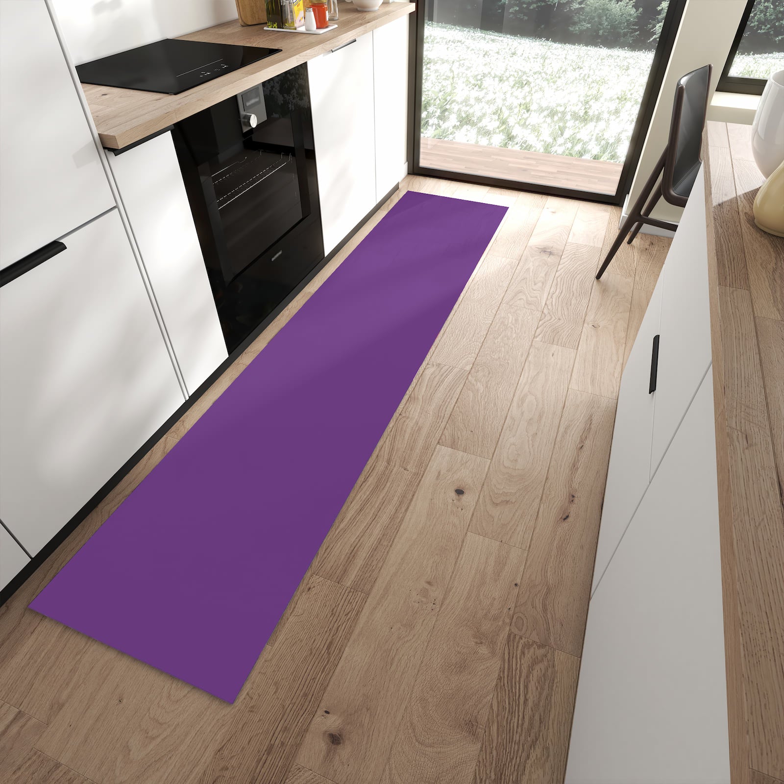 Farbbeständiger Teppichläufer mit Motiv Lila Hintergrund II in moderner Küche
