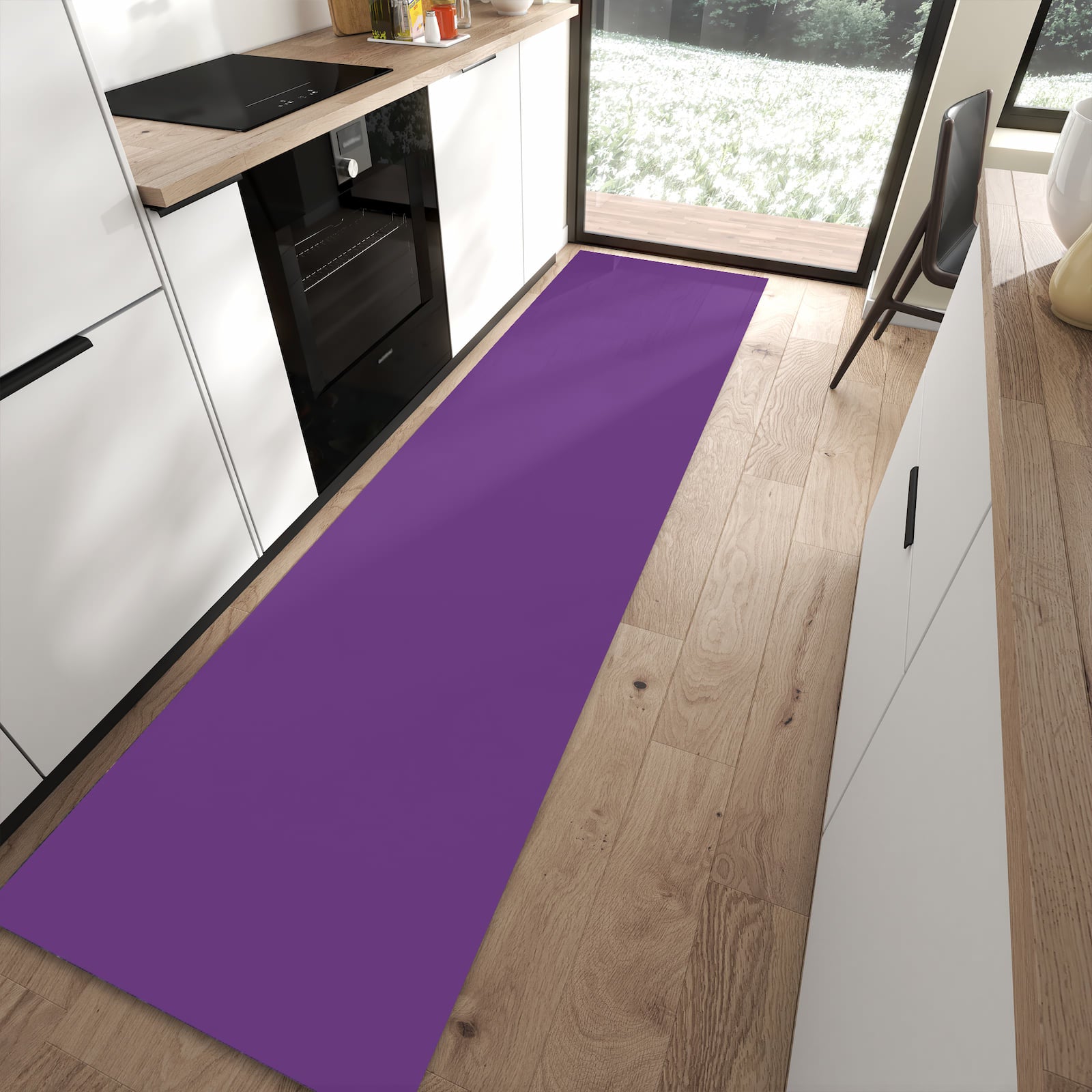 UV-beständiger dünner Teppich mit Motiv Lila Hintergrund II in moderner Küche