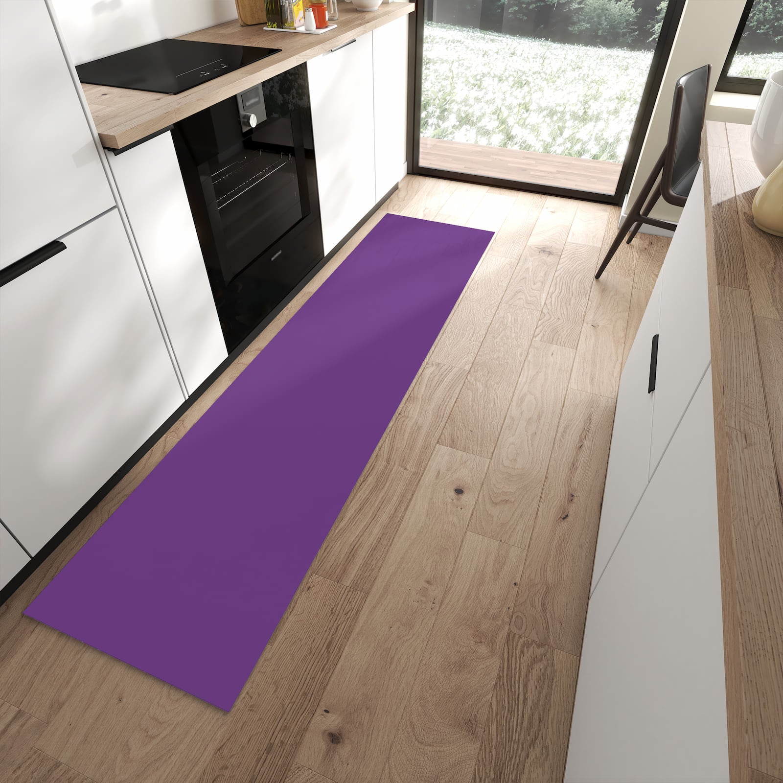 Bodenschonender Küchenläufer mit Motiv Lila Hintergrund II in moderner Küche