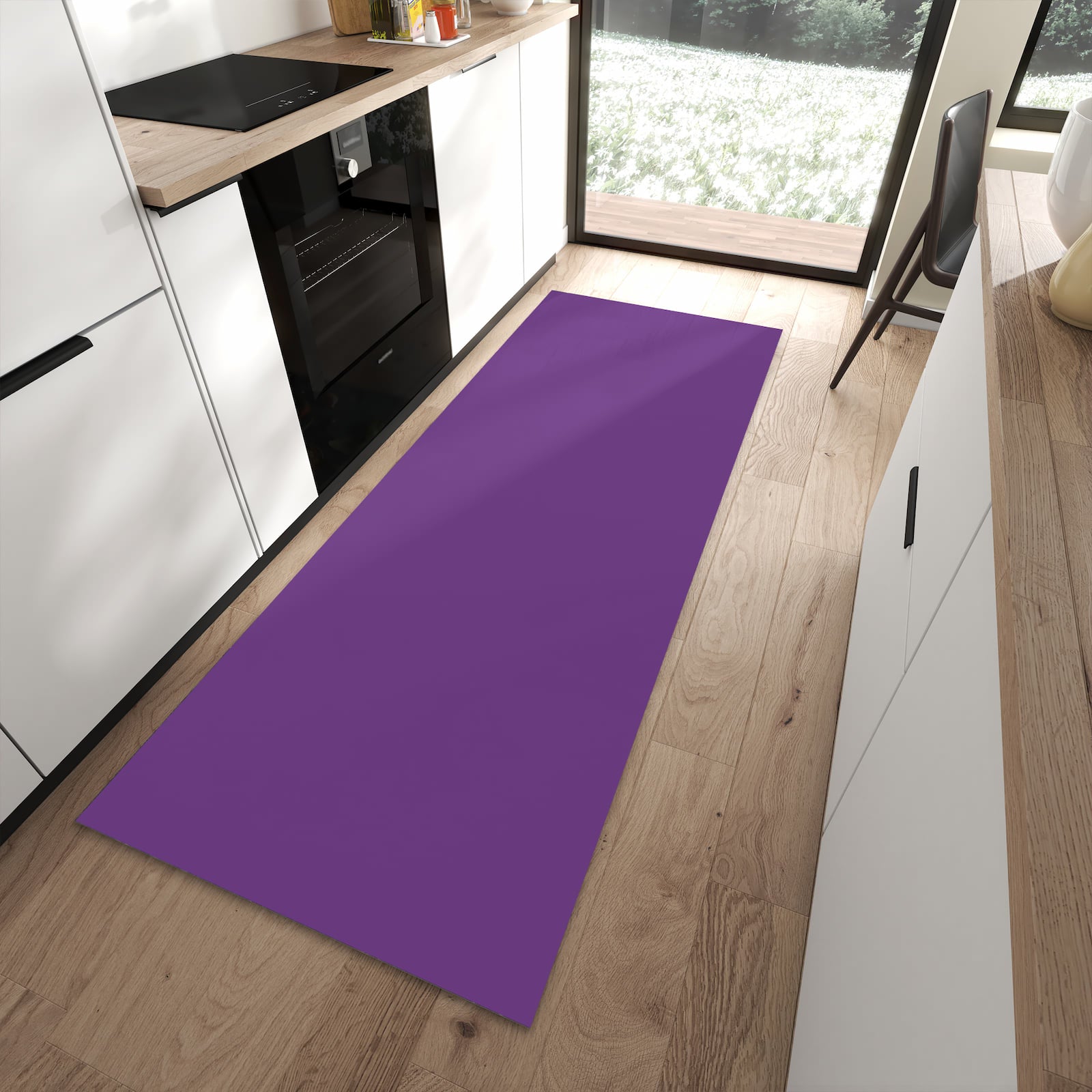 Waschbarer dünner Küchenteppich mit Motiv Lila Hintergrund II in moderner Küche