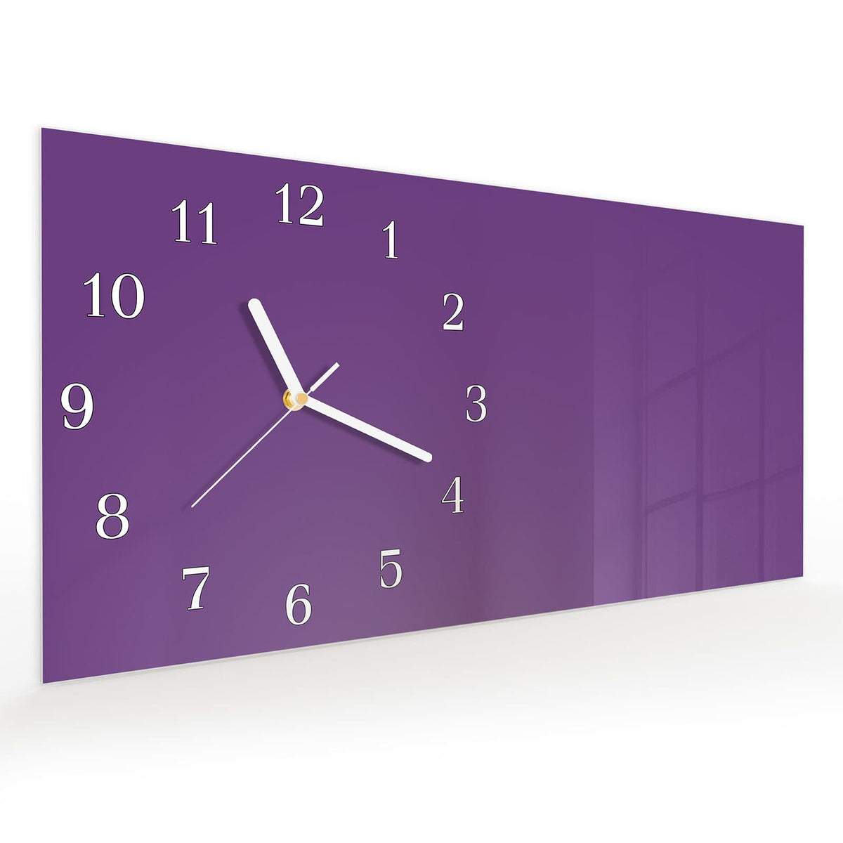 Vormontiert – mit Schwebeeffekt – Wanduhr Lila Hintergrund II aus Glas – Querformat 60 × 30 cm