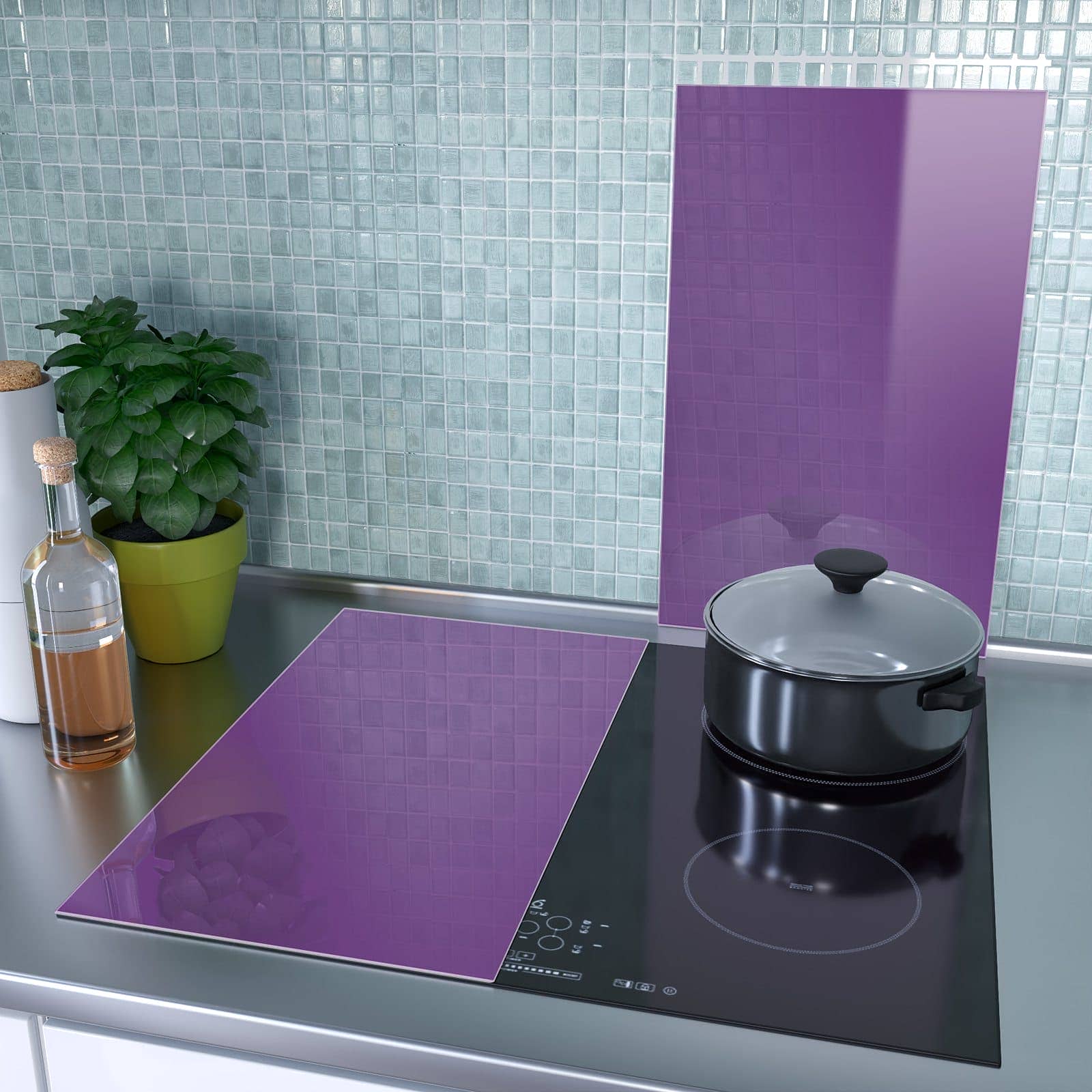 2-teilige Herdabdeckung aus Glas mit Lila Hintergrund II-Motiv als Spritzschutz hinter dem Kochfeld