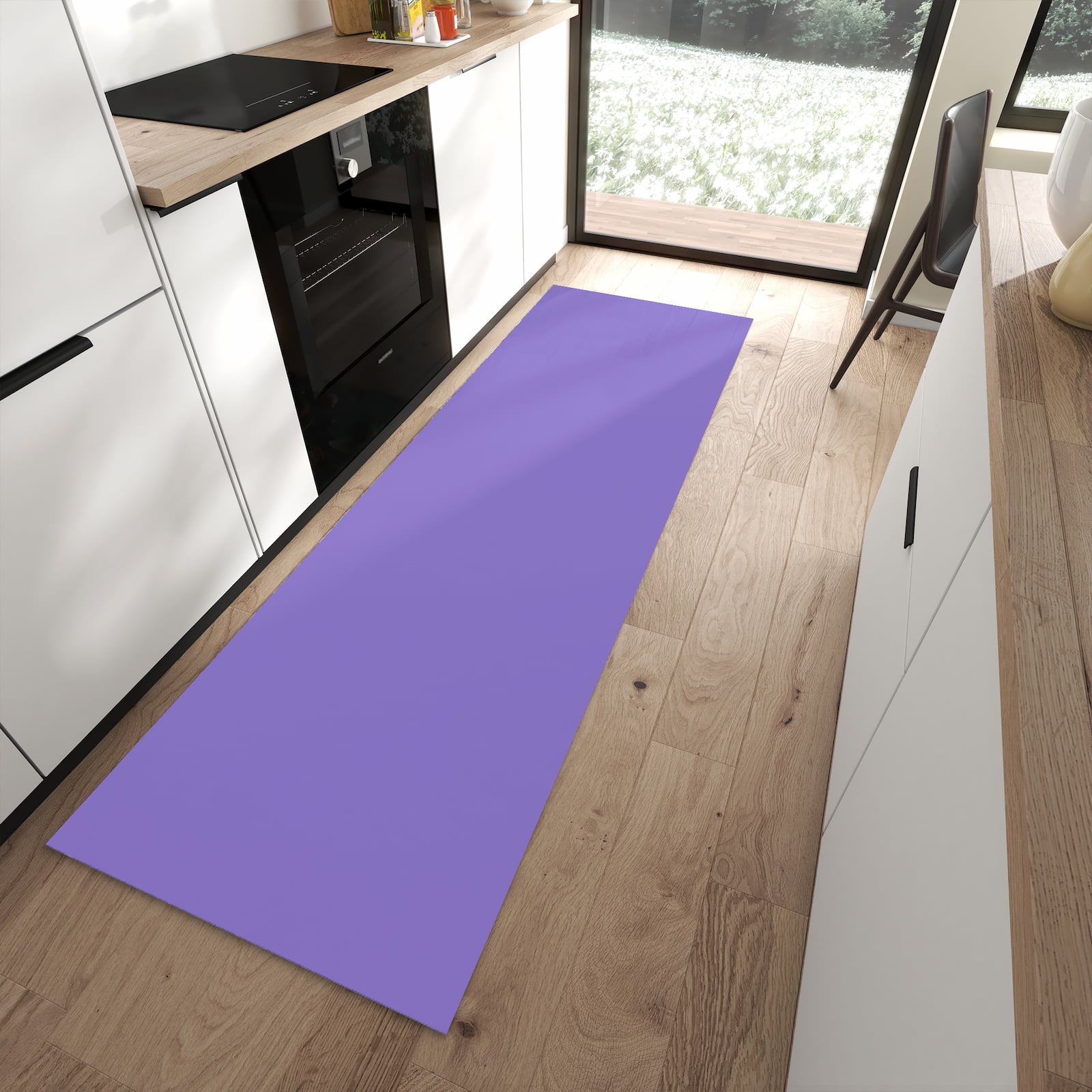 Hygienischer Küchenteppich mit Motiv Violetter Hintergrund I in moderner Küche
