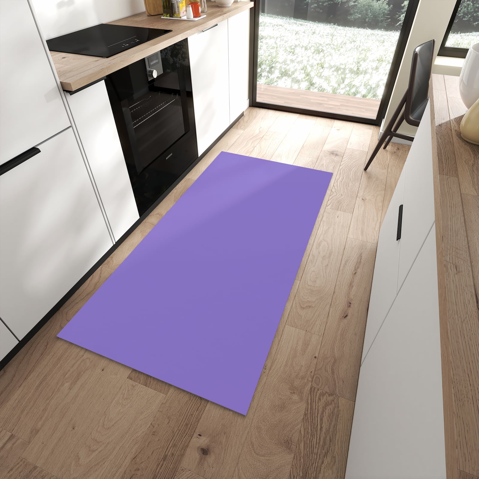 Langlebiger Küchenläufer mit Motiv Violetter Hintergrund I in moderner Küche
