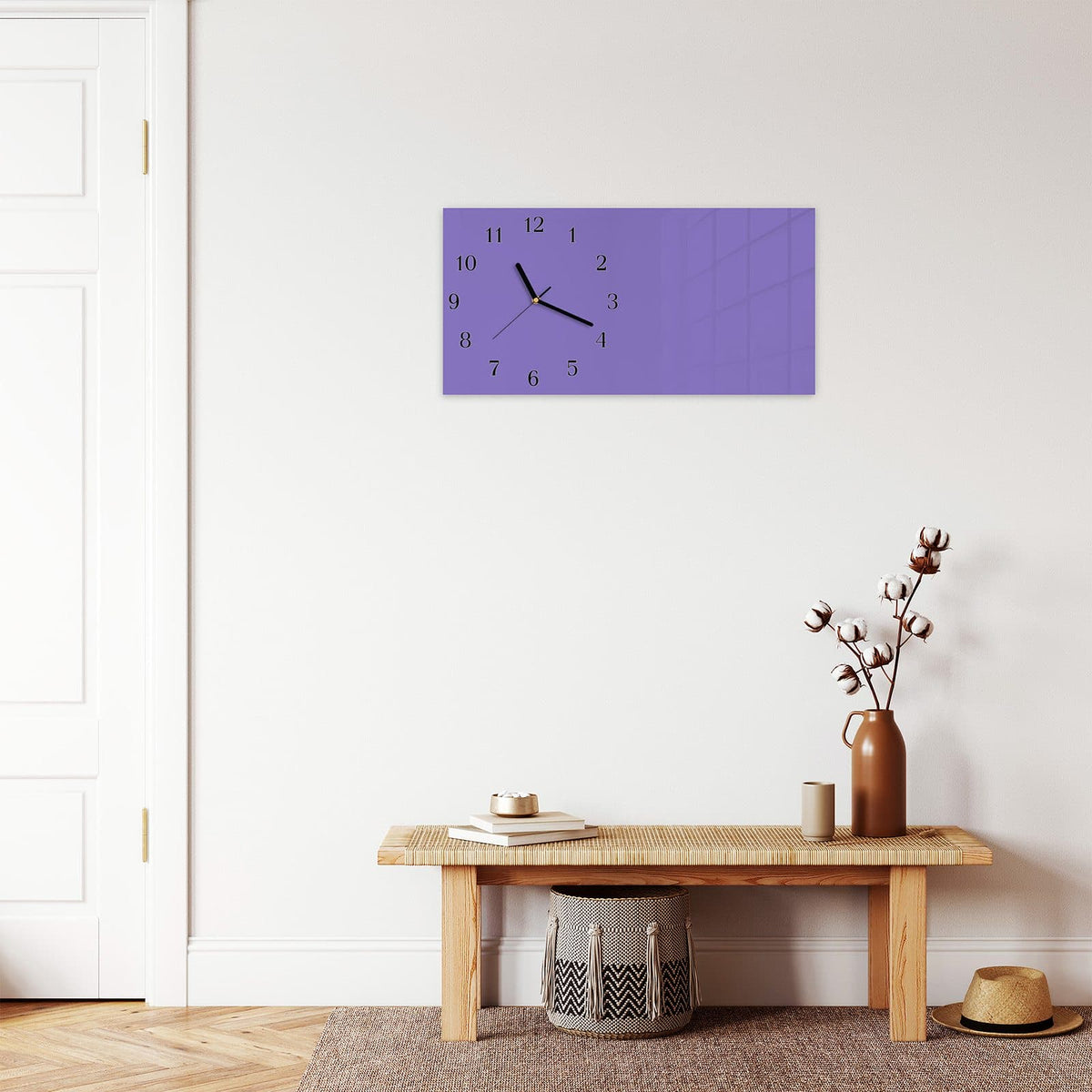 Moderne Wanduhr aus Glas mit Farbtiefe – Wanduhr Violetter Hintergrund I aus Glas – Querformat 60 × 30 cm