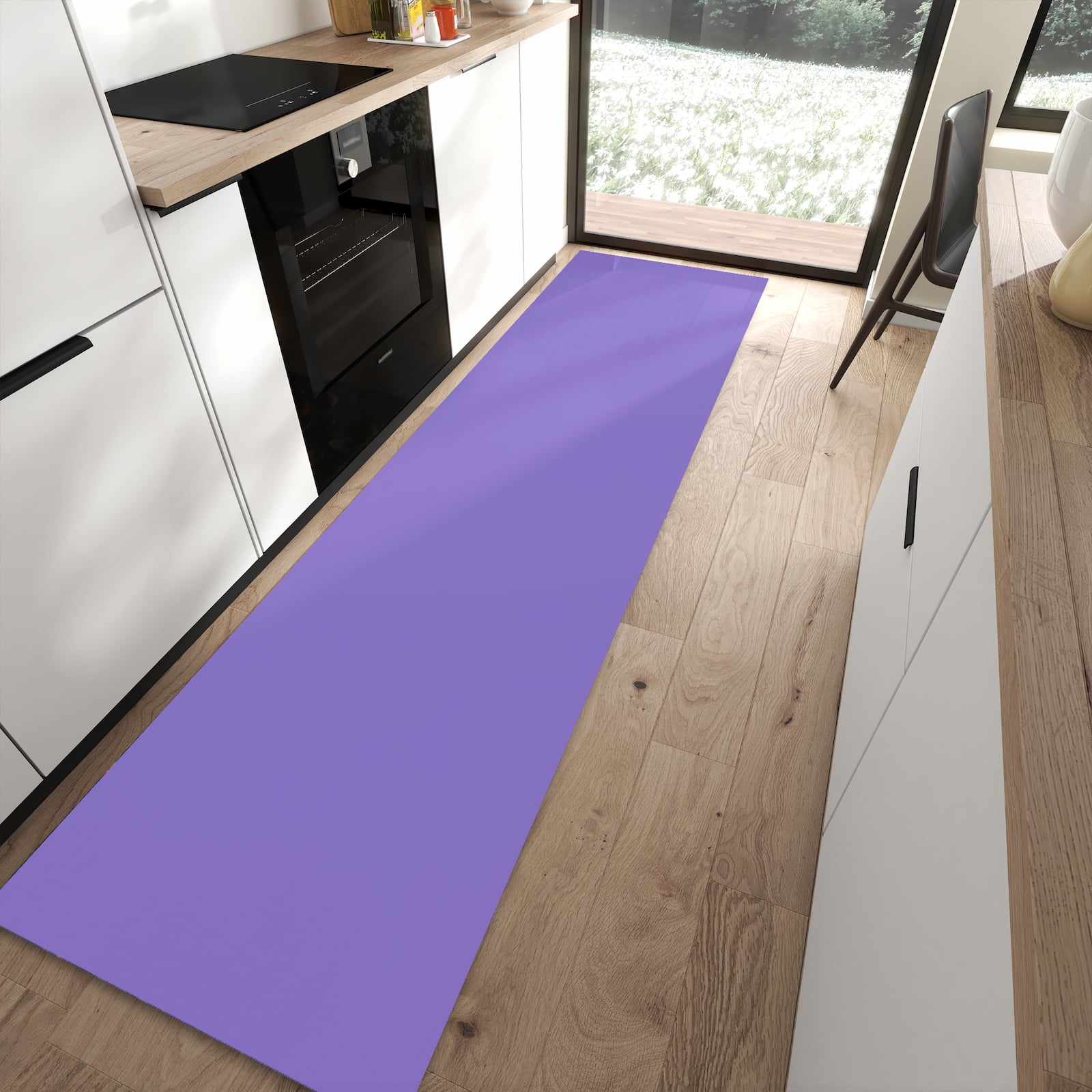 Waschbarer Küchenläufer mit Motiv Violetter Hintergrund I in moderner Küche