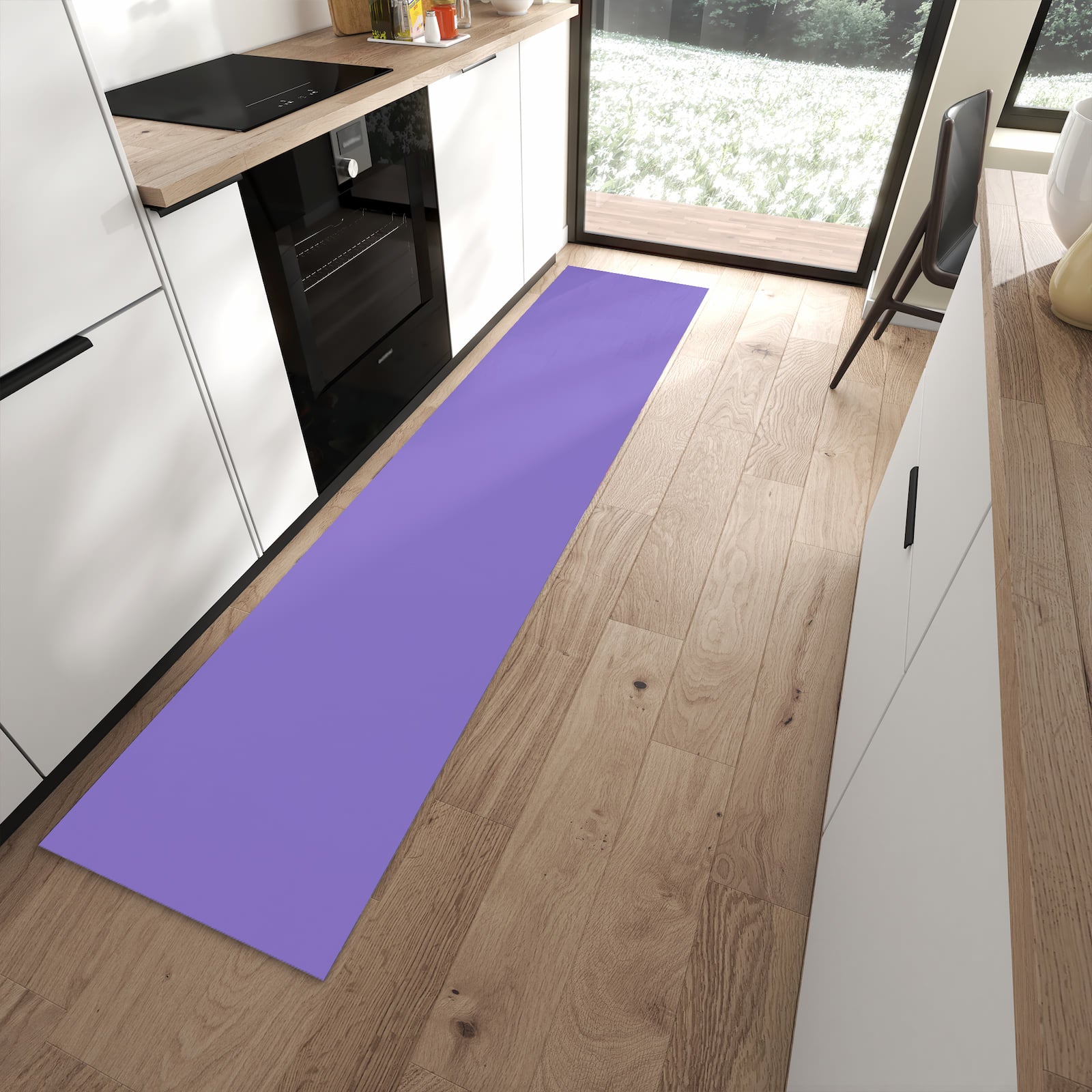 Komfortabler Küchenteppich mit Motiv Violetter Hintergrund I in moderner Küche
