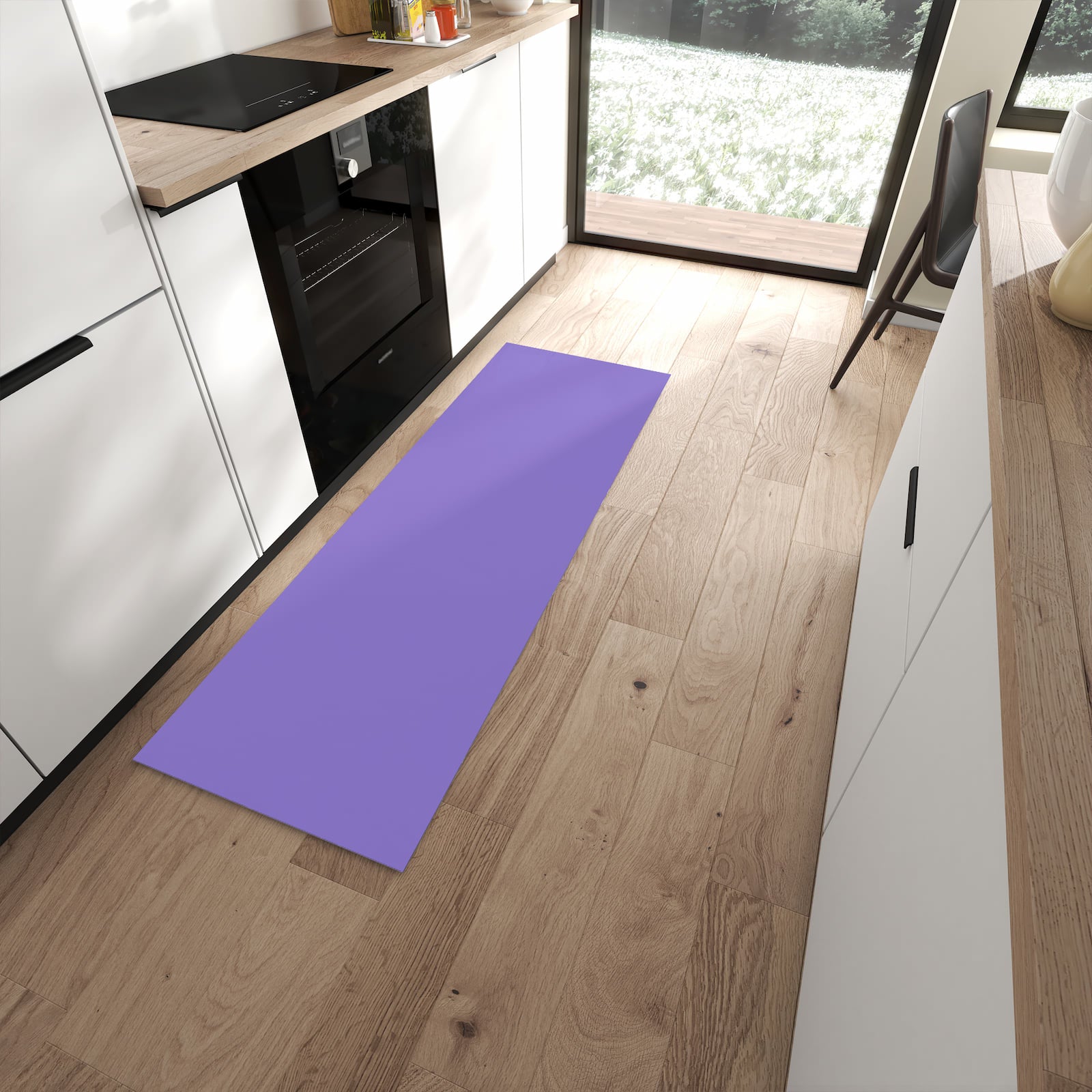 Flacher Küchenteppich mit Motiv Violetter Hintergrund I in moderner Küche