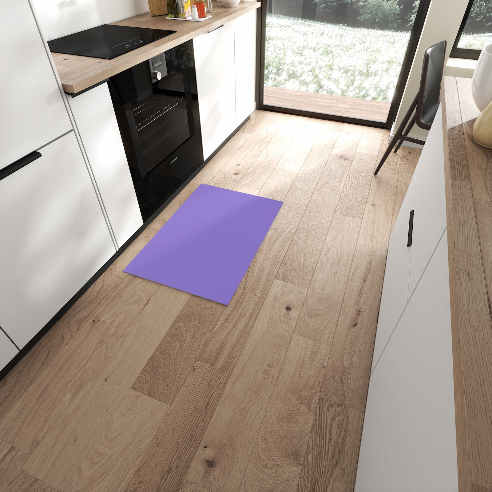 Pflegeleichter Küchenteppich mit Motiv Violetter Hintergrund I in moderner Küche