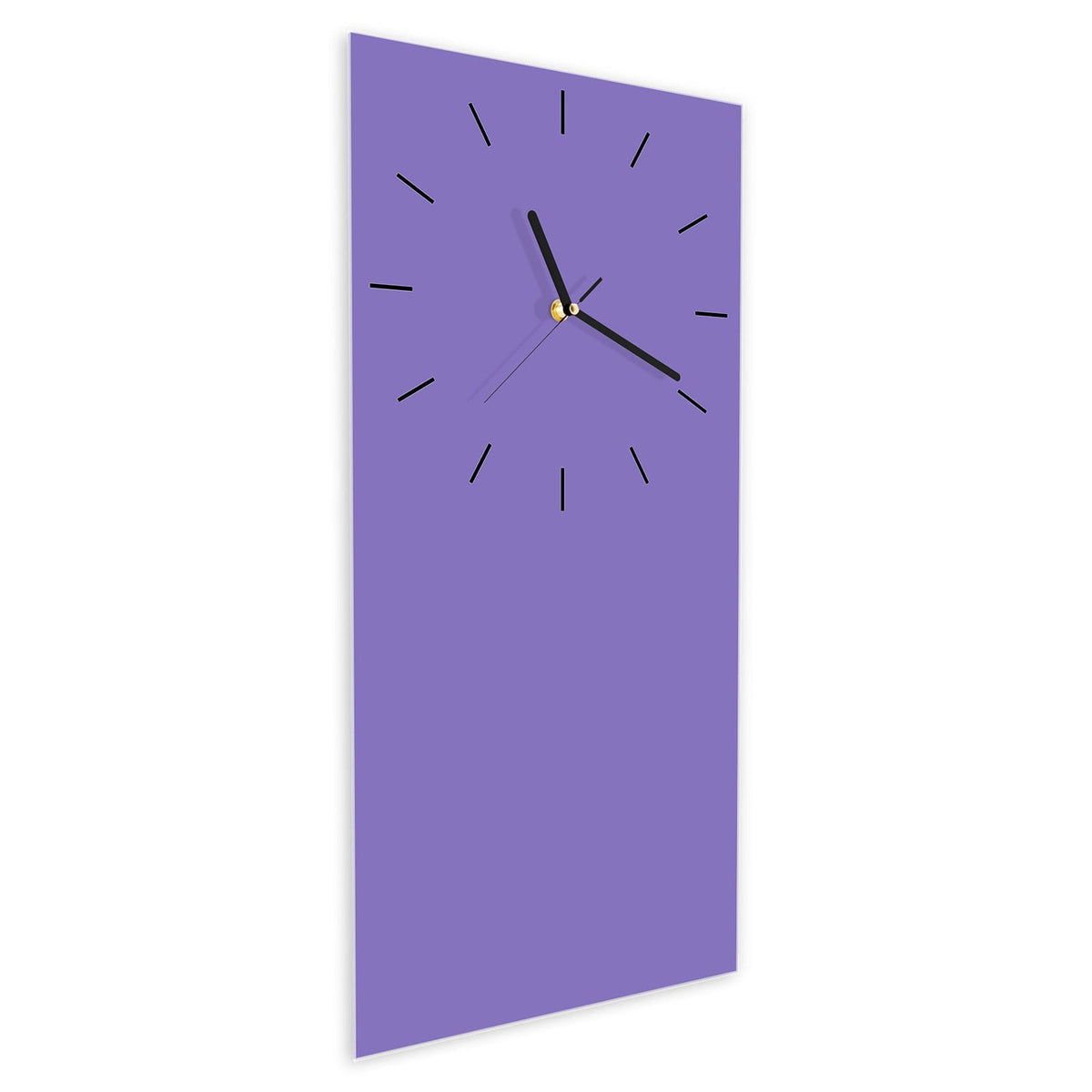 Wanduhr aus Glas im Hochformat Lavendelviolett schräg von der Seite, 4 mm starkes Glas